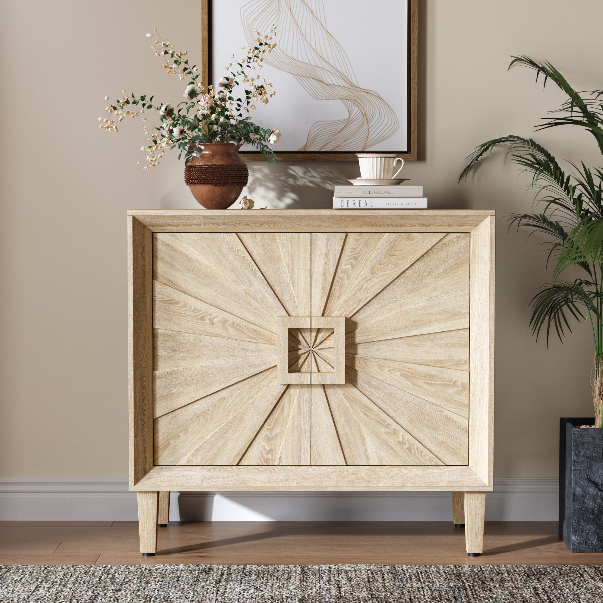 Mid-Century Sideboard Credenza, Natural, 31.5 in Sunburst 2-Door