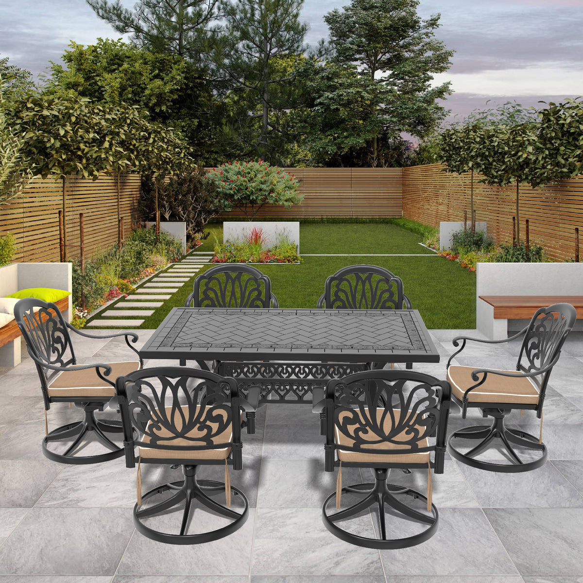 Black Aluminum 7-Piece Patio Dining Set for 6 with Cushions