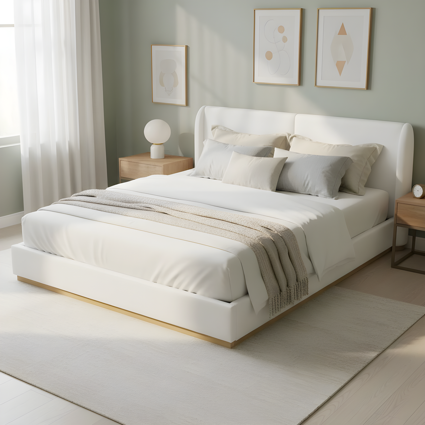 White bouclé winged king bed frame styled in a light green bedroom