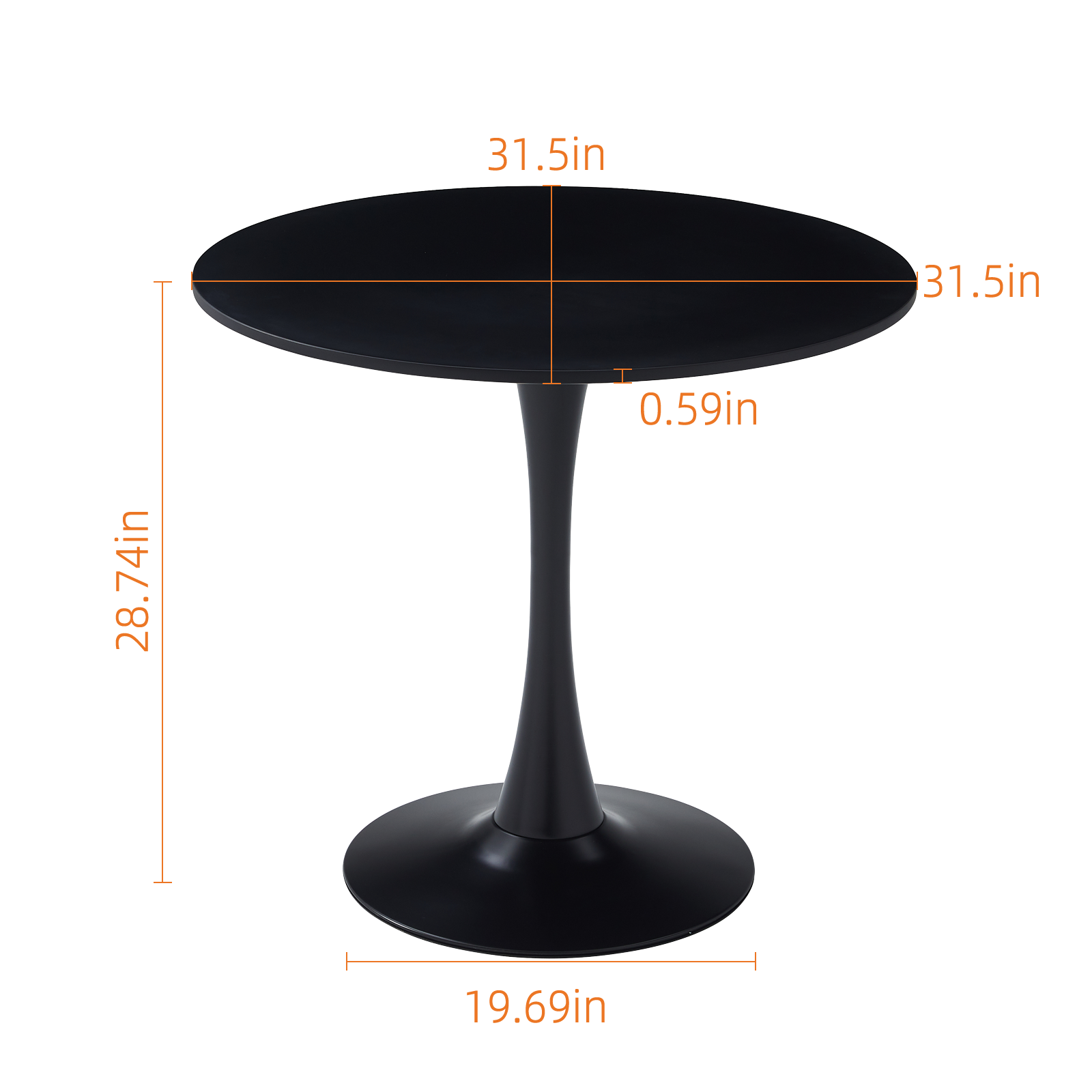 Dimension diagram of round dining table, 31.5 inch top, 28.74 inch height, black tulip base