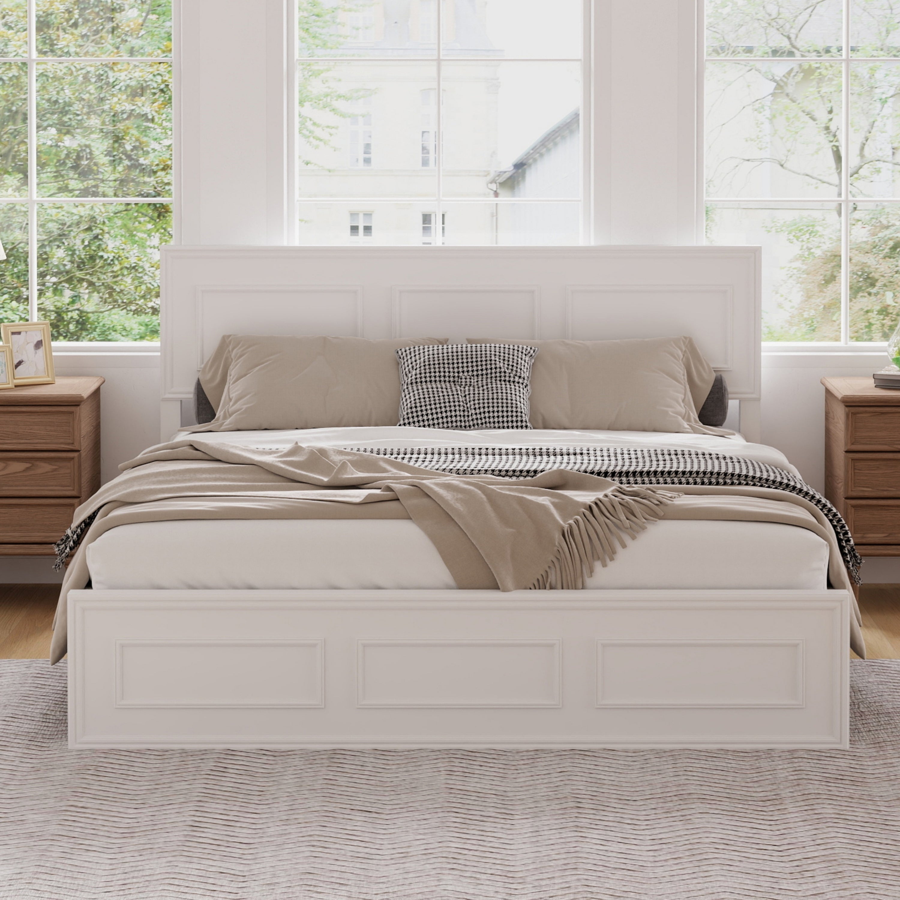 White queen bed frame with headboard and footboard, three-rectangle panel design, taupe bedding between two windows #Color_White