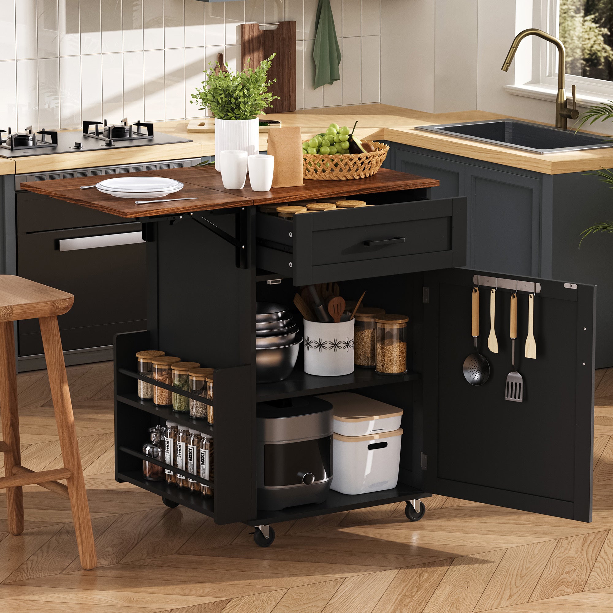 39.3'' Farmhouse Kitchen Island, Black, Drop-Leaf & Side Rack