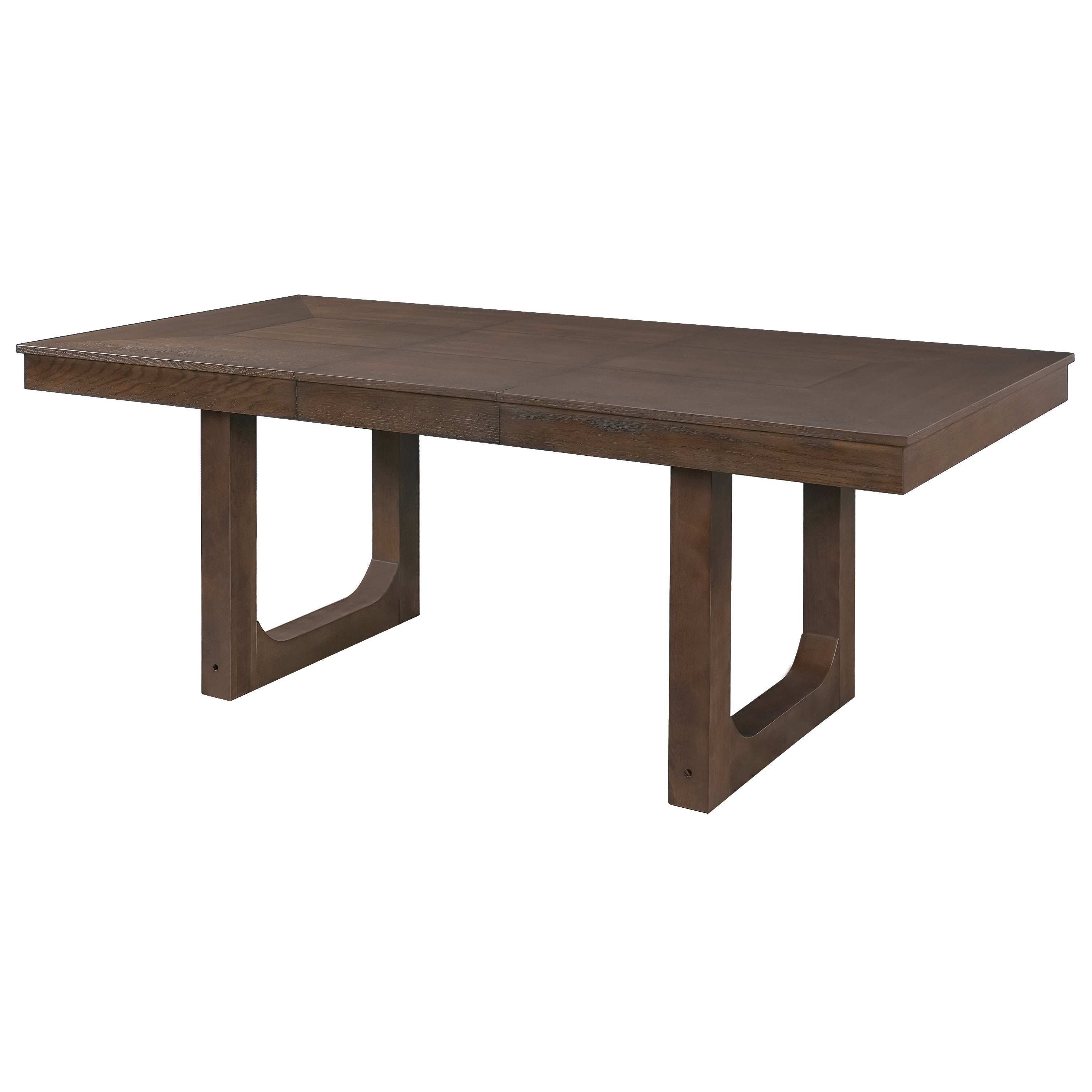Three-quarter studio view of the assembled walnut farmhouse extendable dining table