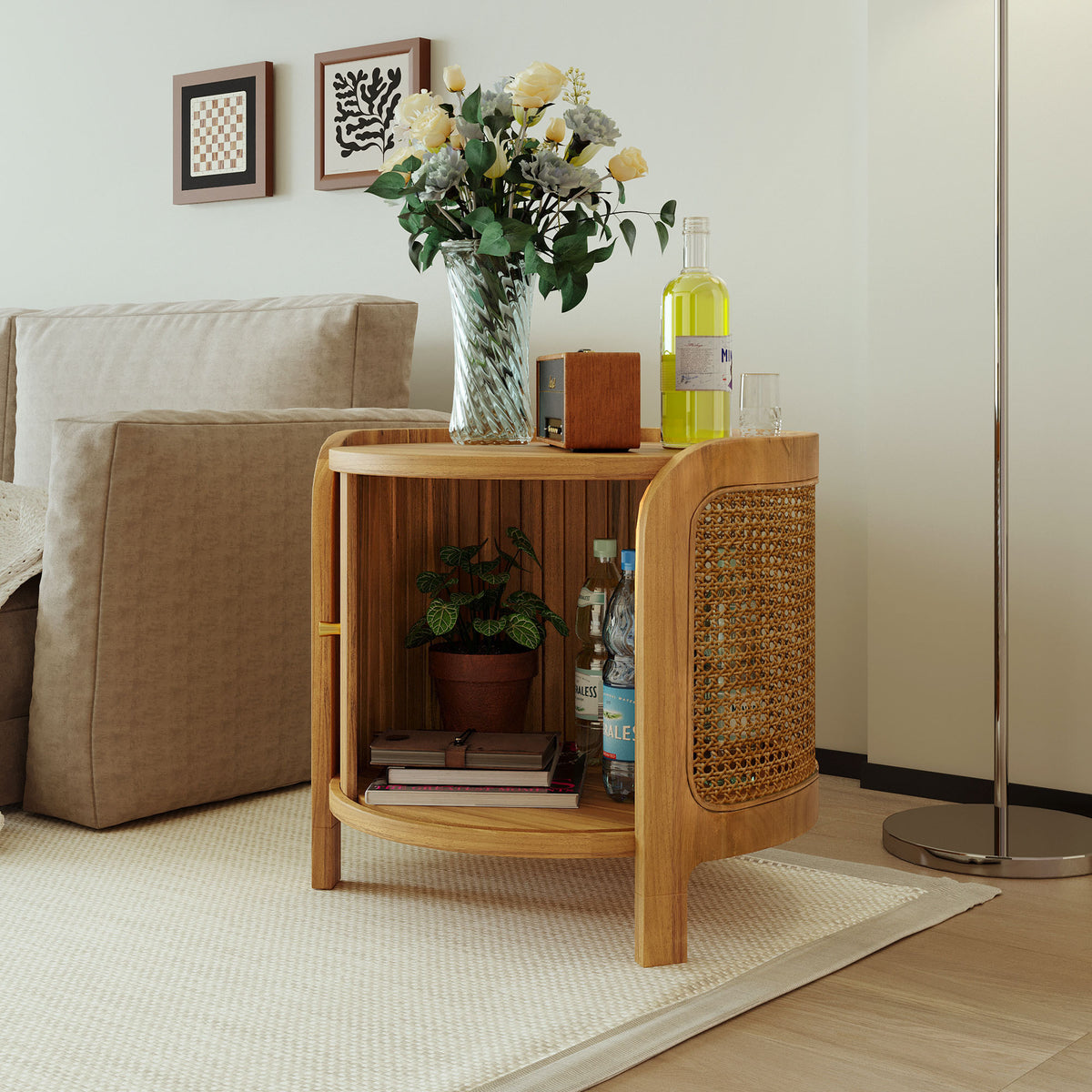 Brown Rattan Round Side Table with Storage