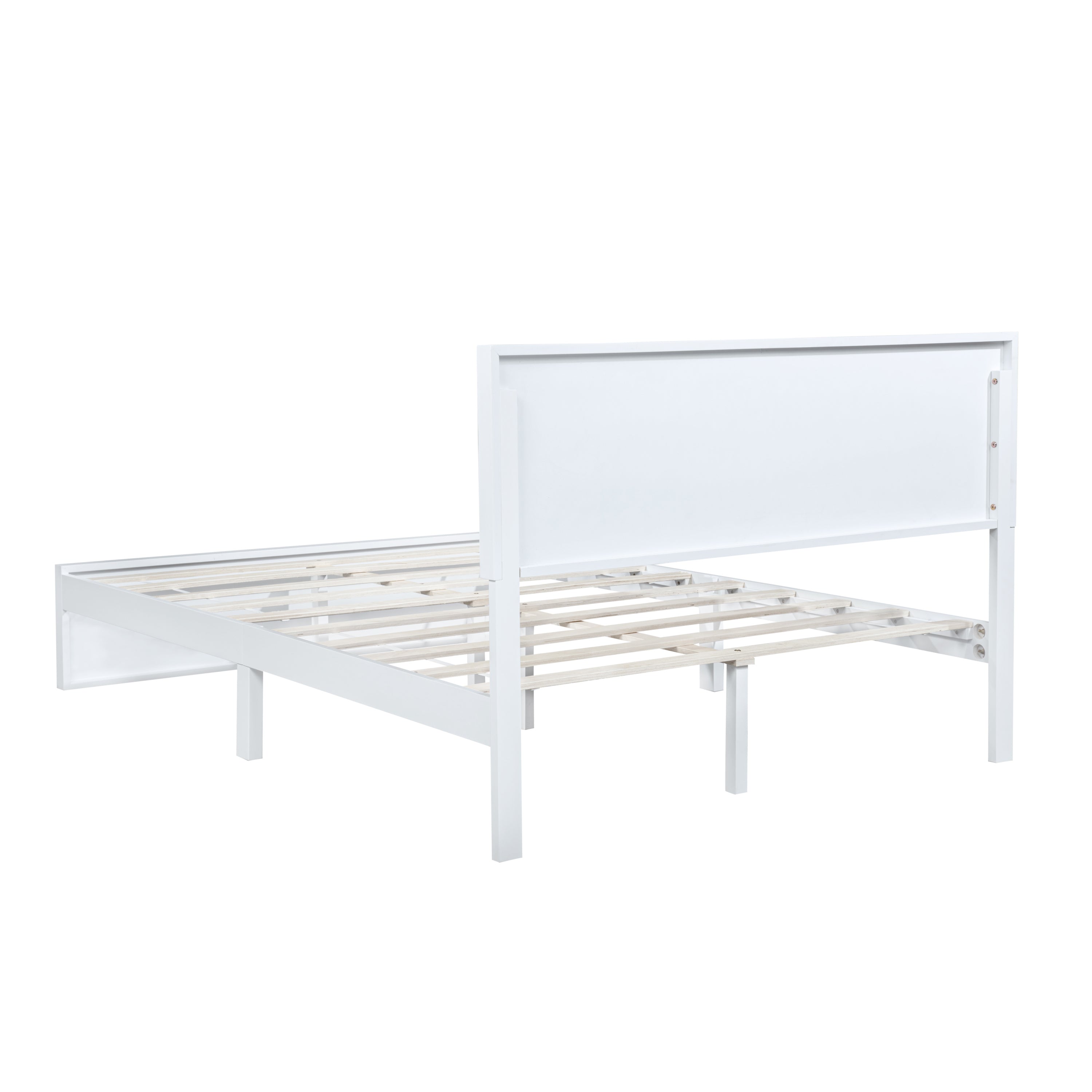 Three-quarter view of a white queen bed with raised headboard panel and wood slats #Color_White