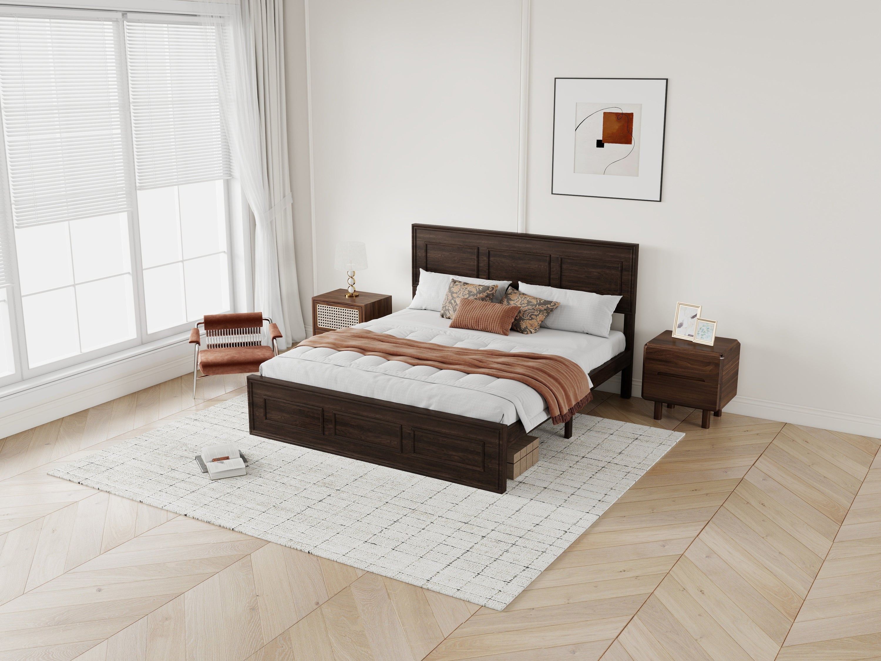 Wide bedroom scene with the rich brown wood queen bed, nightstands and framed art #Color_Rich Brown