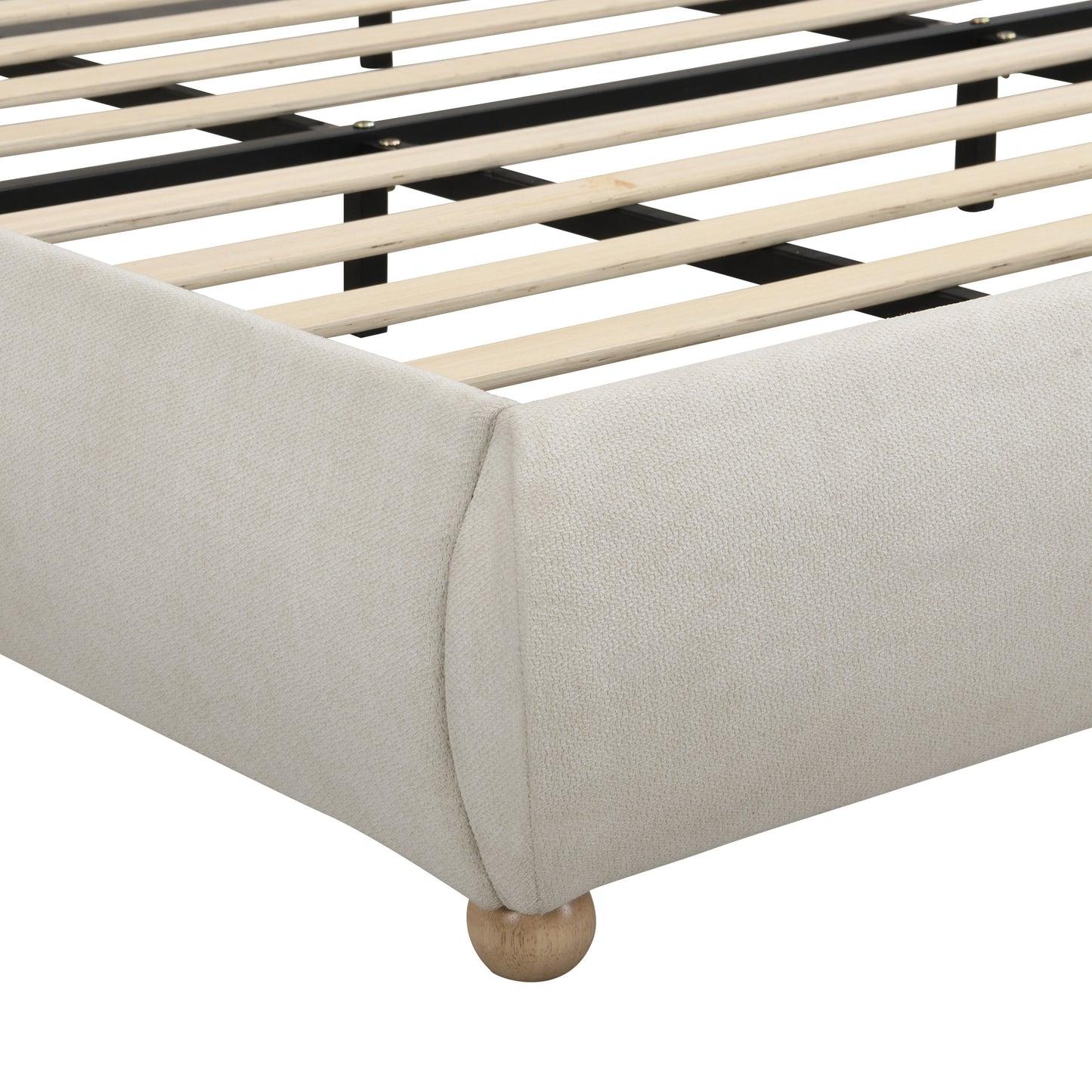Beige chenille king bed frame in a neutral bedroom with pink and white bedding