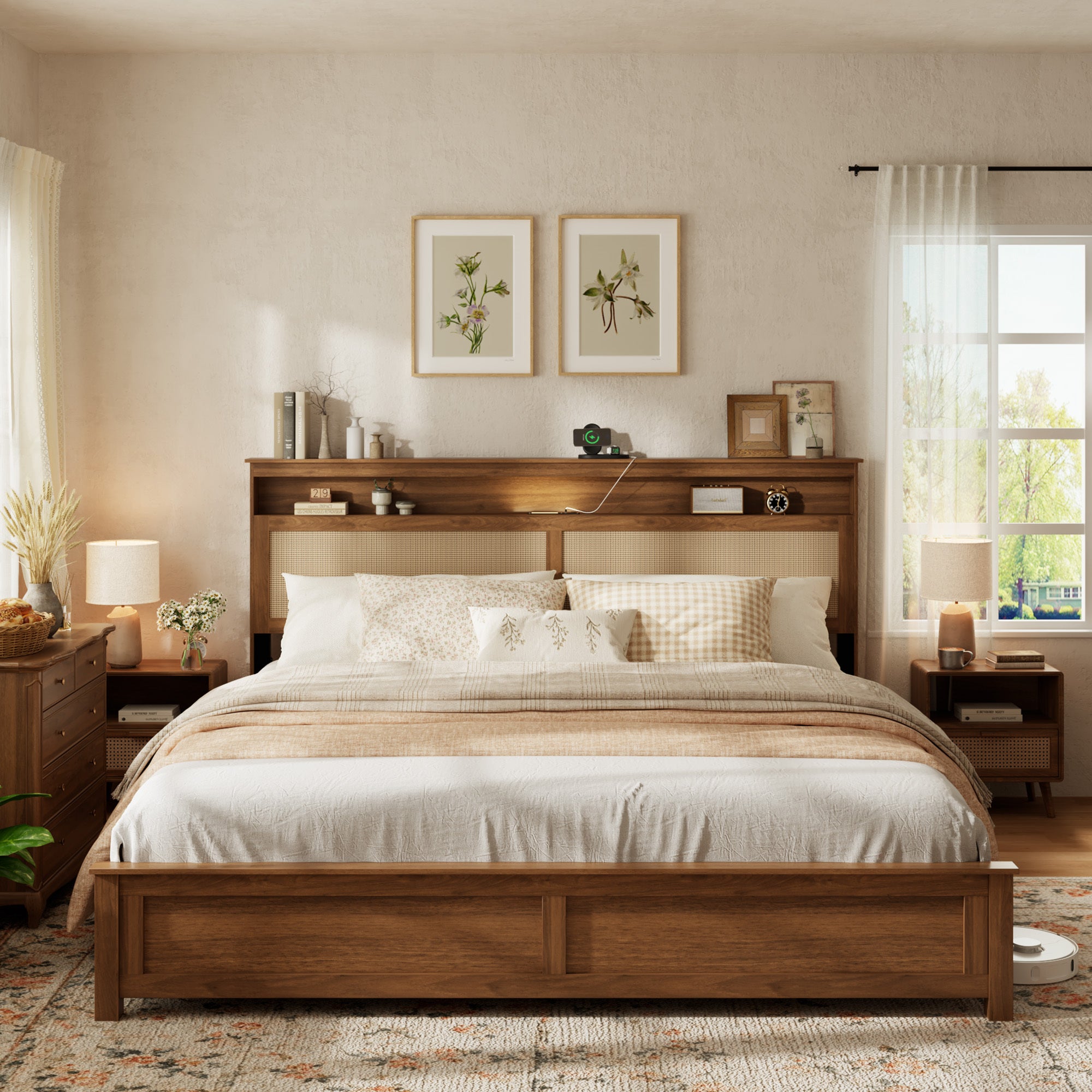 California King Rattan Bed Frame with LED Light and Shelf