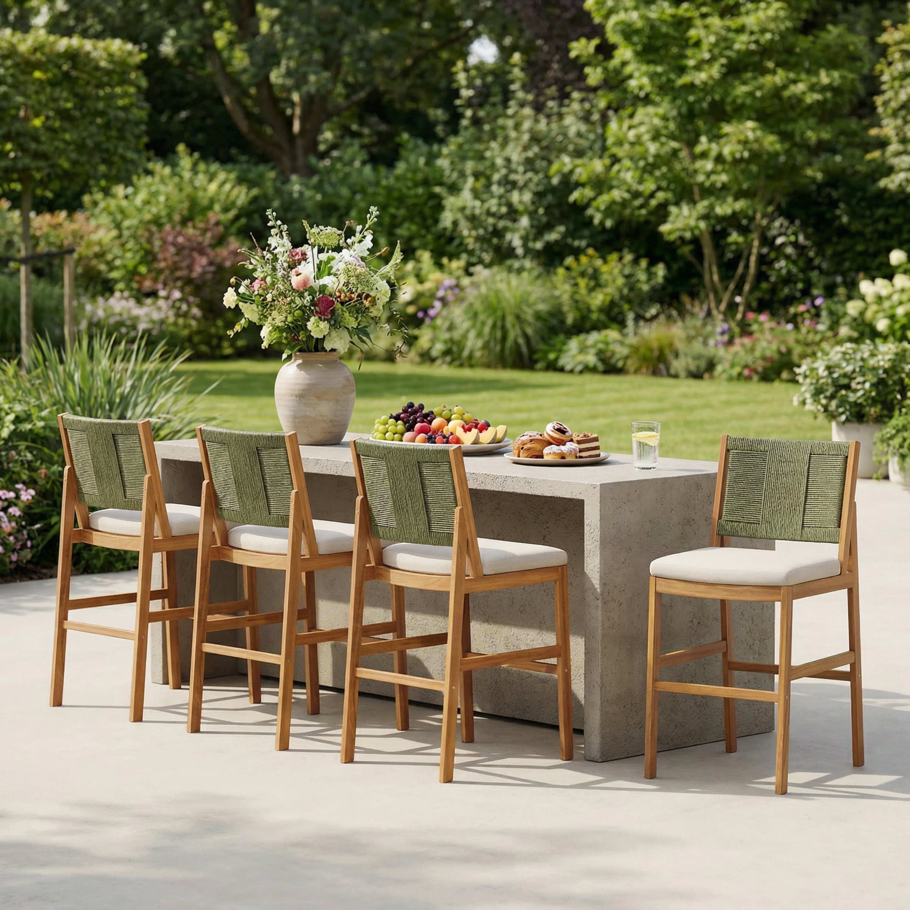 Outdoor Bar Stools Set of 4, Acacia Wood, Green Woven Wicker Back