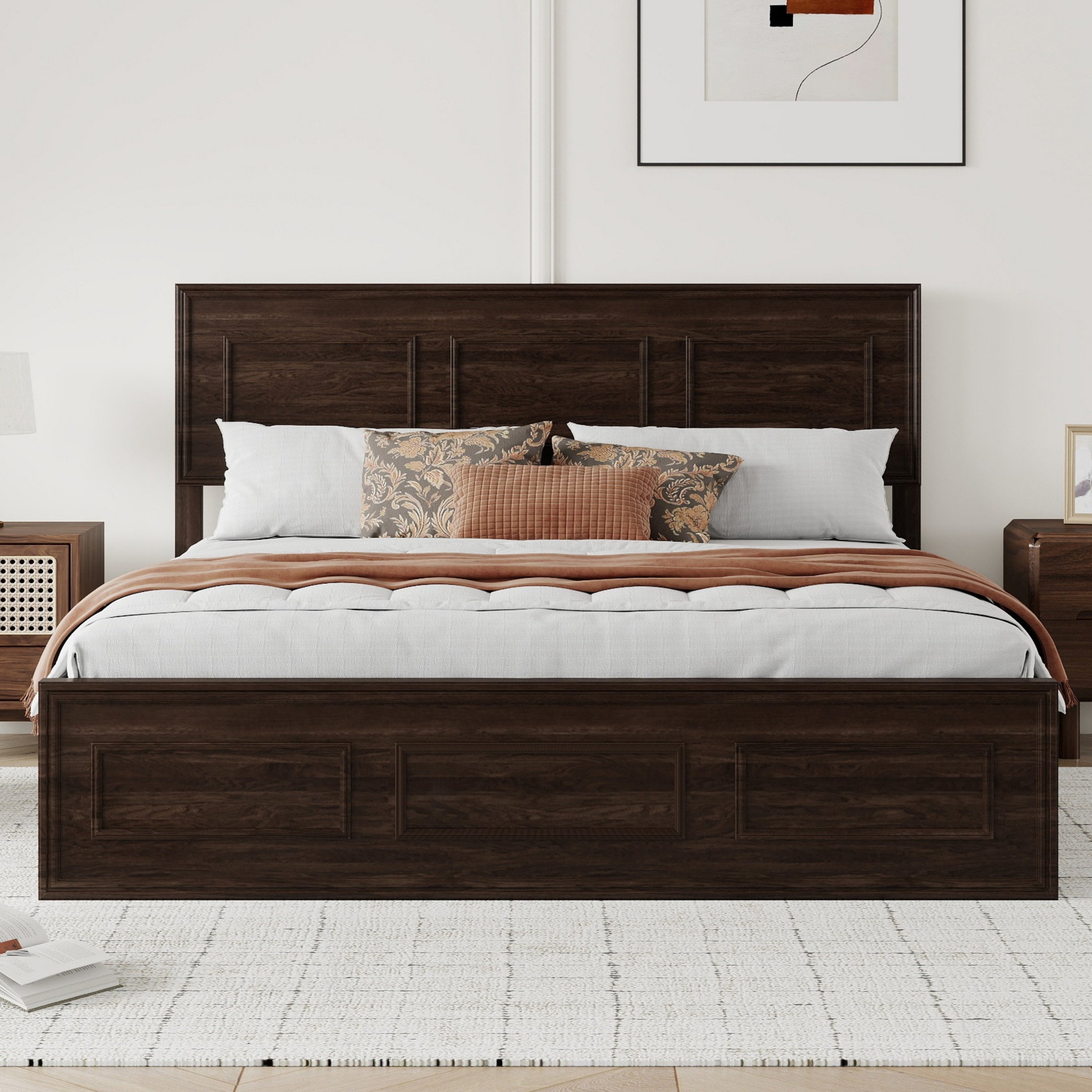 Front view of rich brown wood queen bed with white and rust bedding in a bright bedroom #Color_Rich Brown
