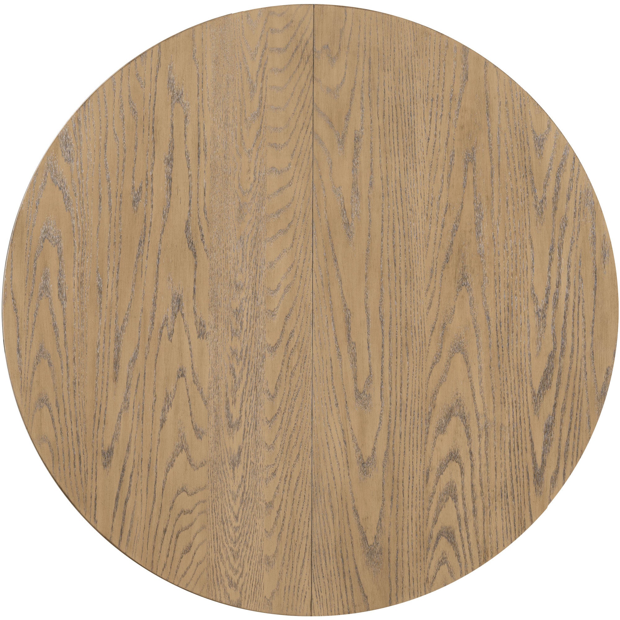 Overhead studio view of the closed round oak tabletop