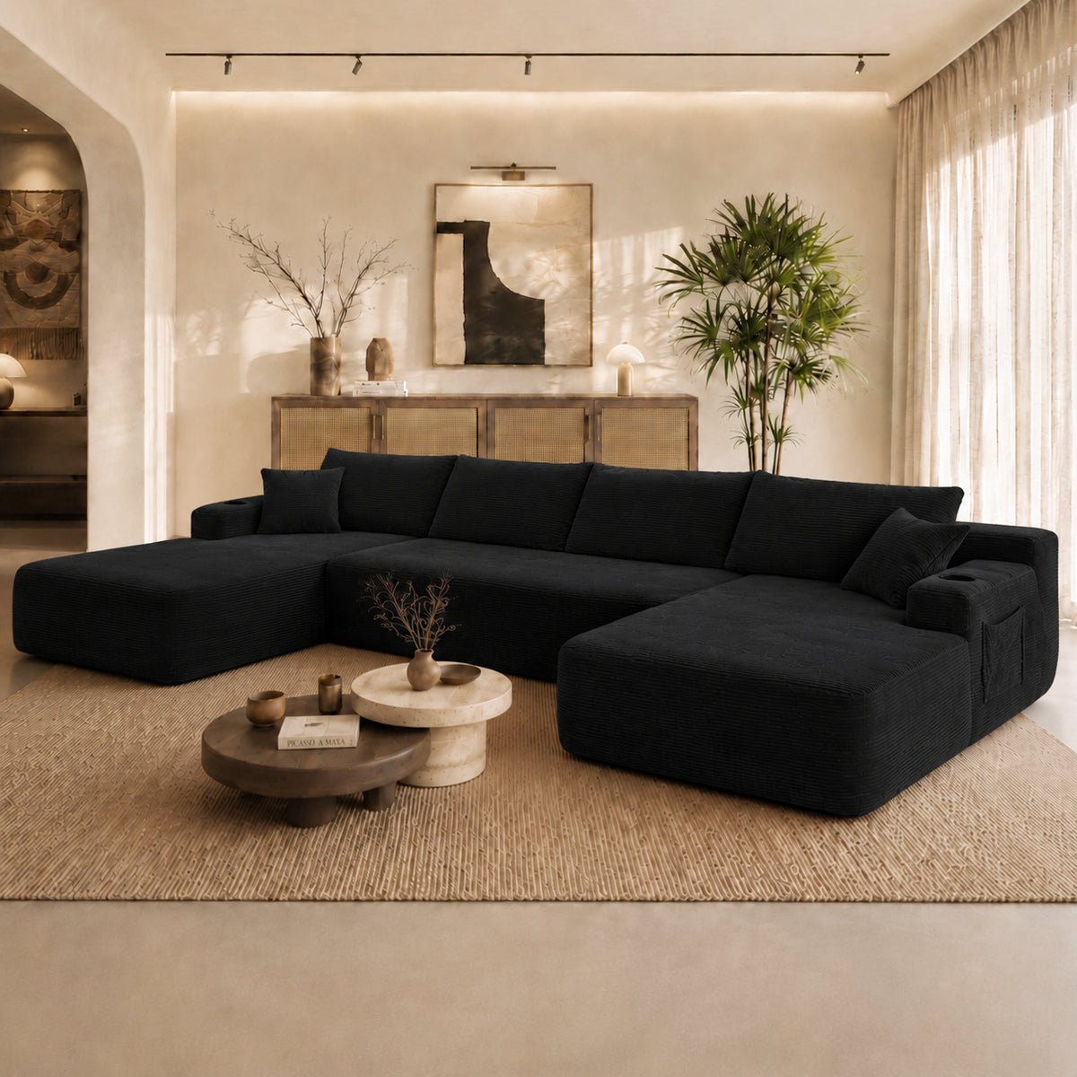 Black Corduroy U-Shaped Modular Sectional, 126 in Wide