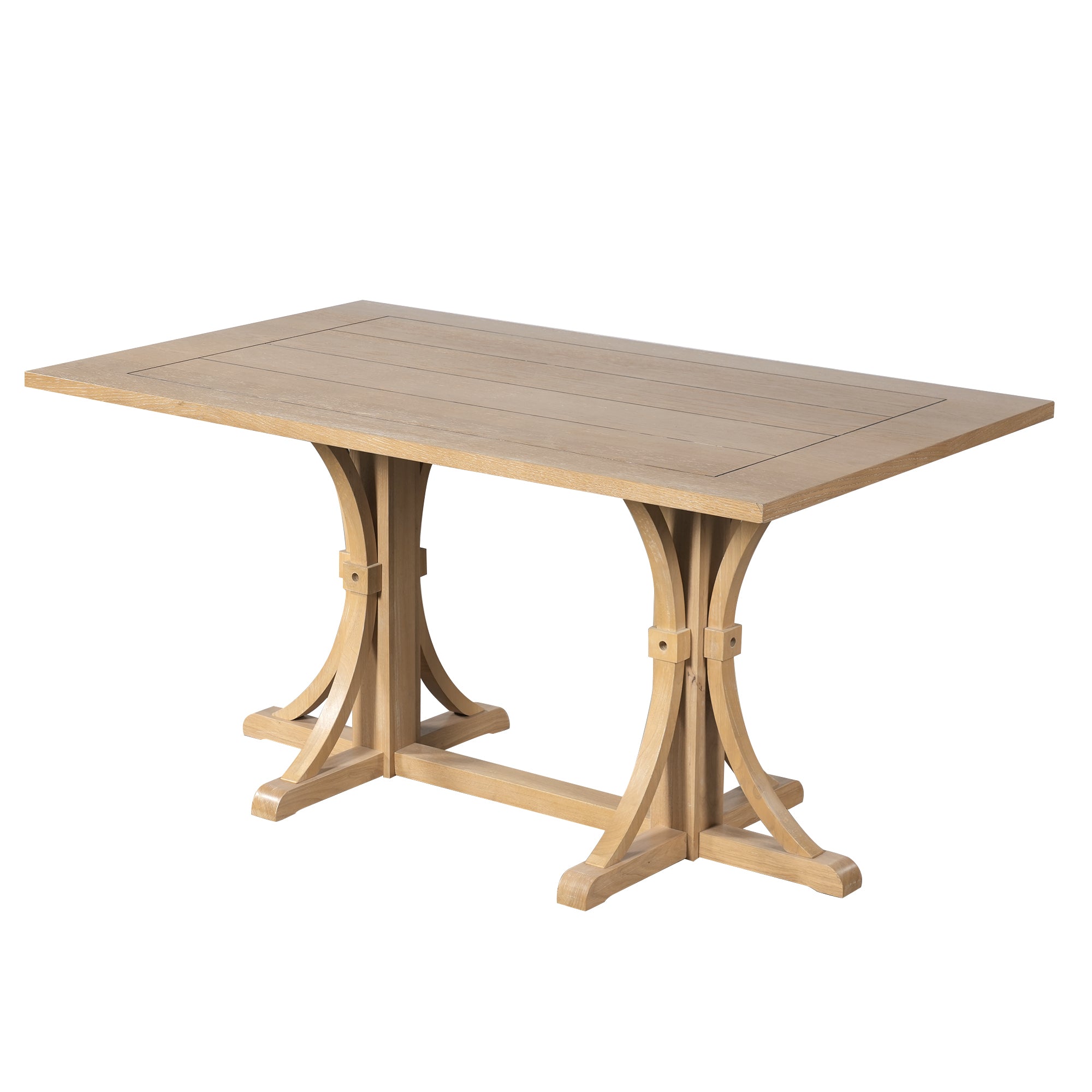 Three-quarter studio view of the natural wood wash trestle dining table on white background