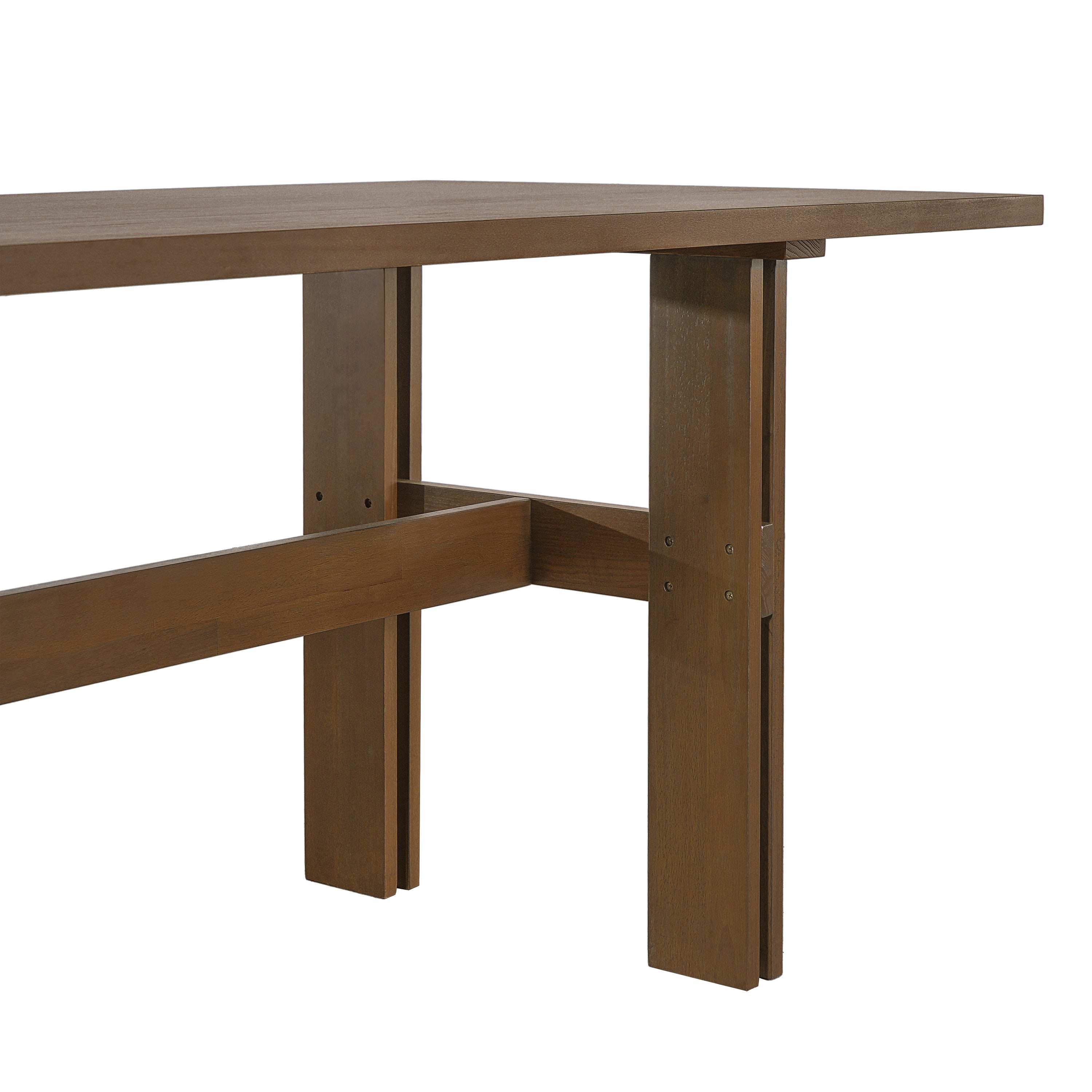 Close-up of the leg base meeting the crossbar stretcher on the walnut-tone dining table, white background