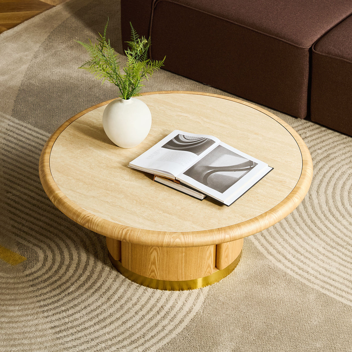 Natural Sintered Stone Round Coffee Table, 35.4 in, Steel Base
