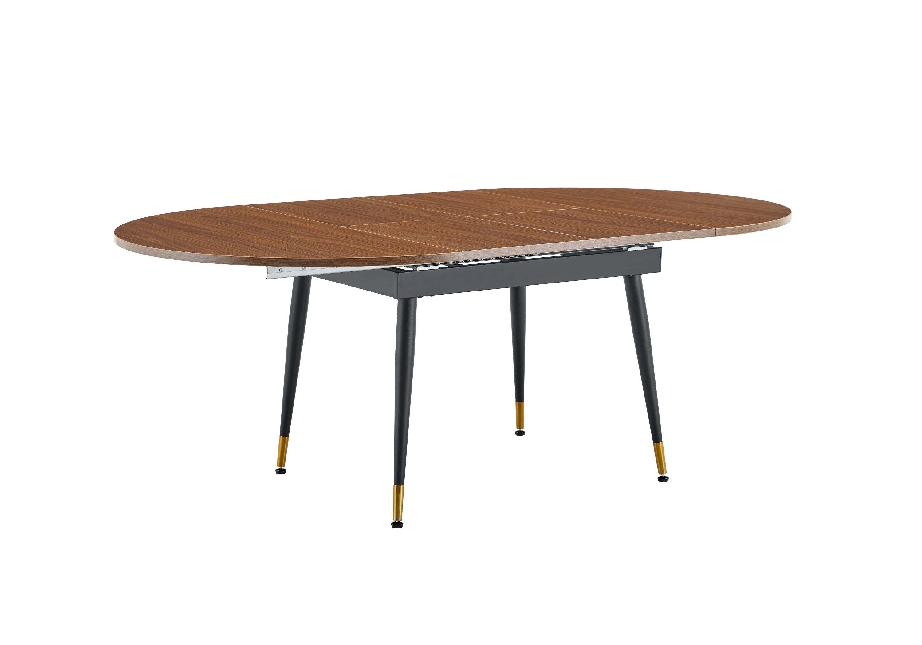 Close-up studio view of the walnut tabletop edge and two black tapered legs