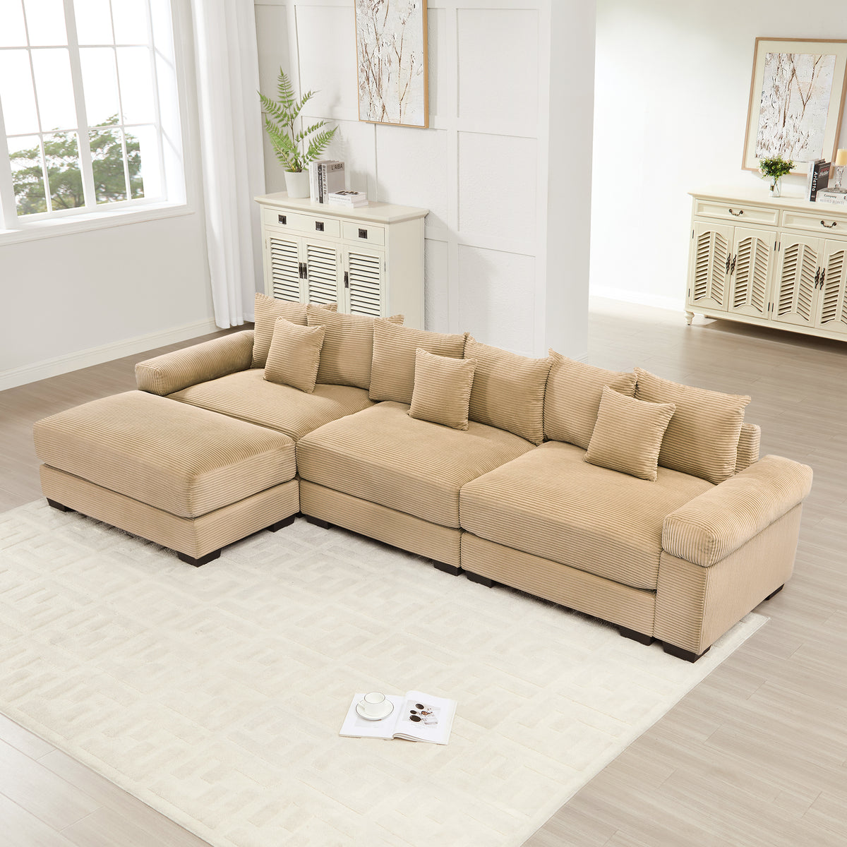Camel Corduroy L-Shaped Modular Sectional with Ottoman, 130 in Wide