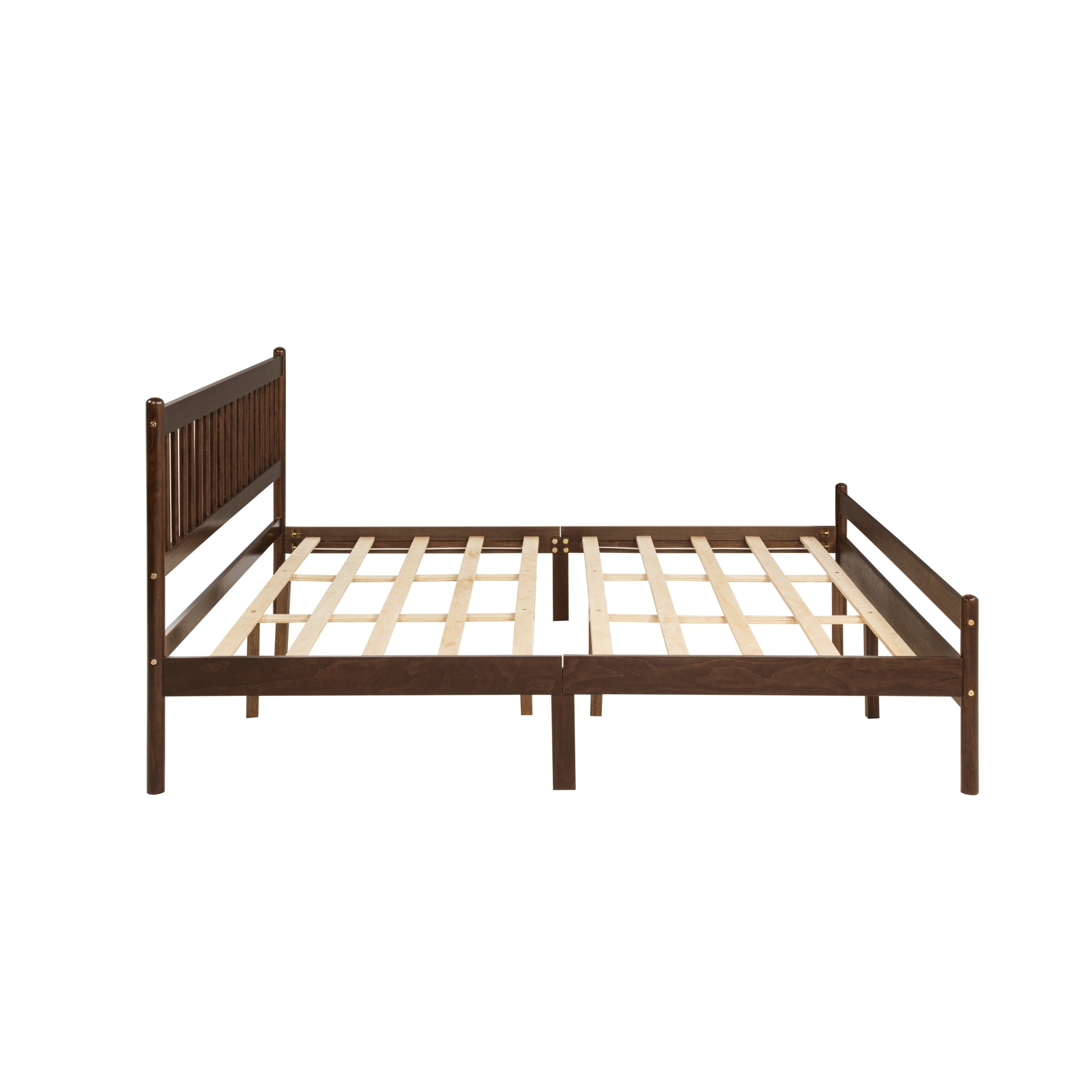 Side view of bare walnut frame showing headboard and footboard