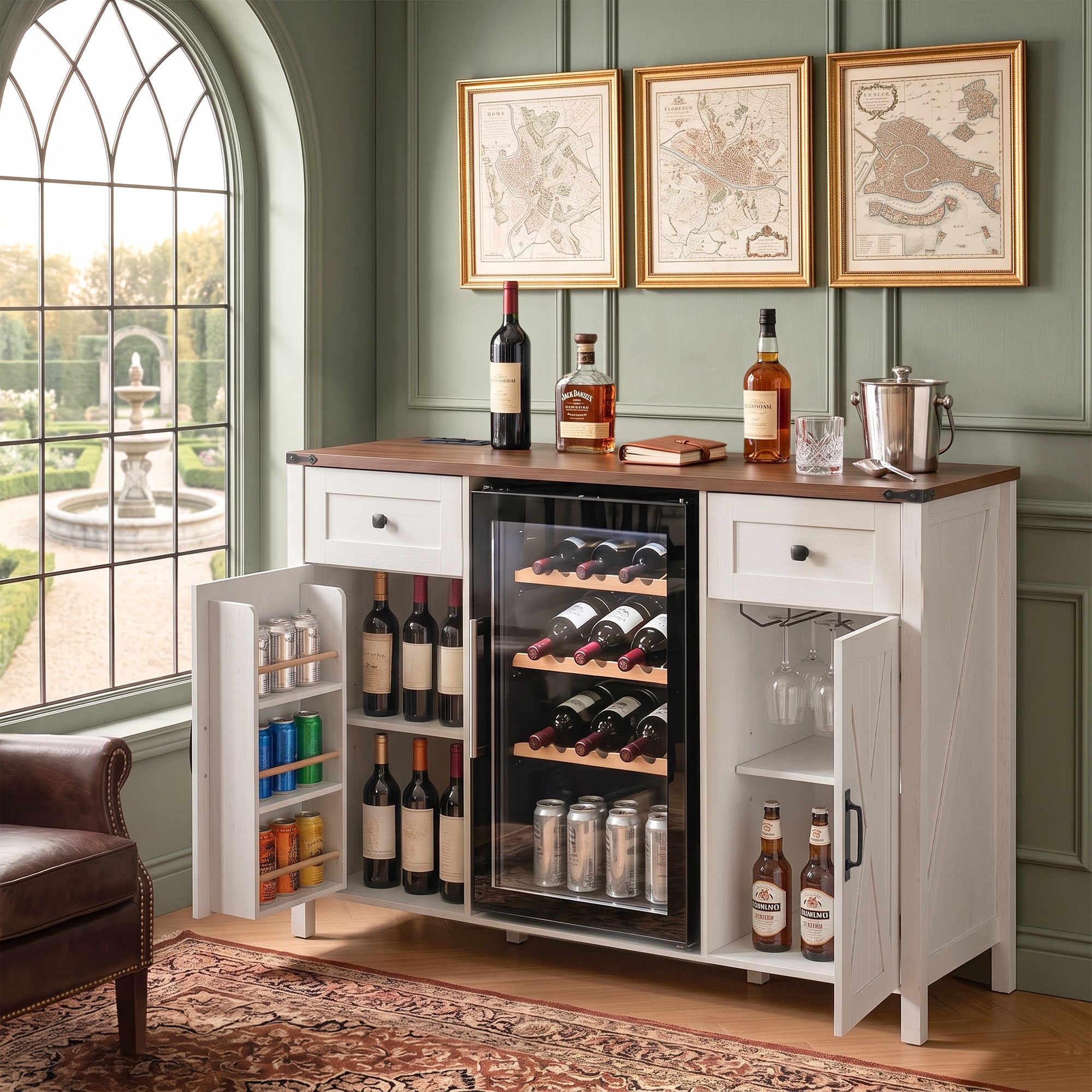 Farmhouse Bar Cabinet with Mini Fridge Space, 53 in, White