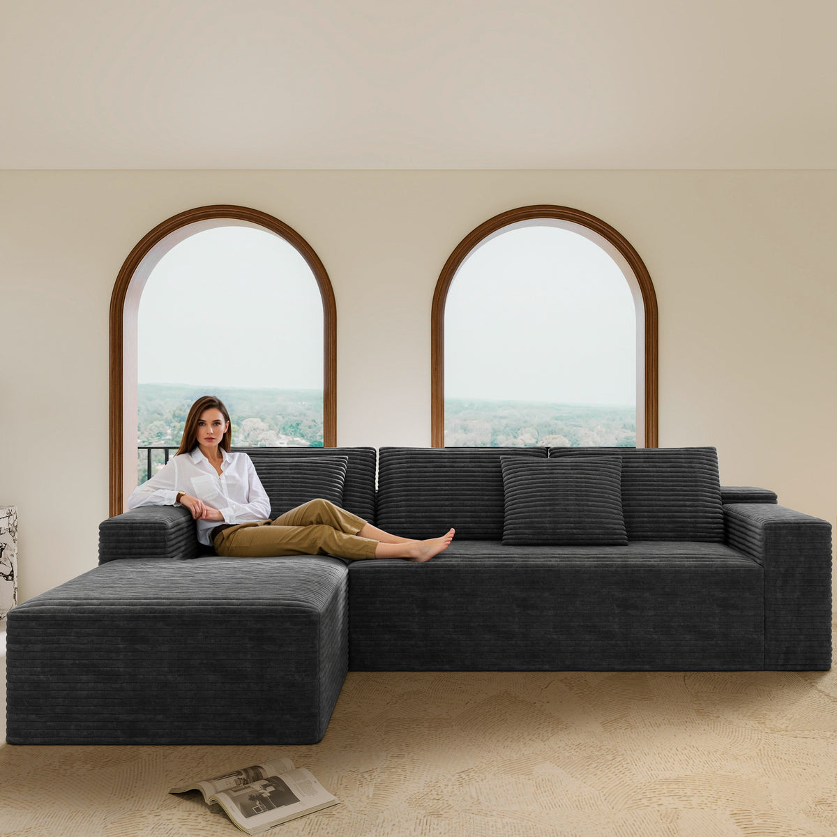 Gray Corduroy Modular Sectional, Left-Facing