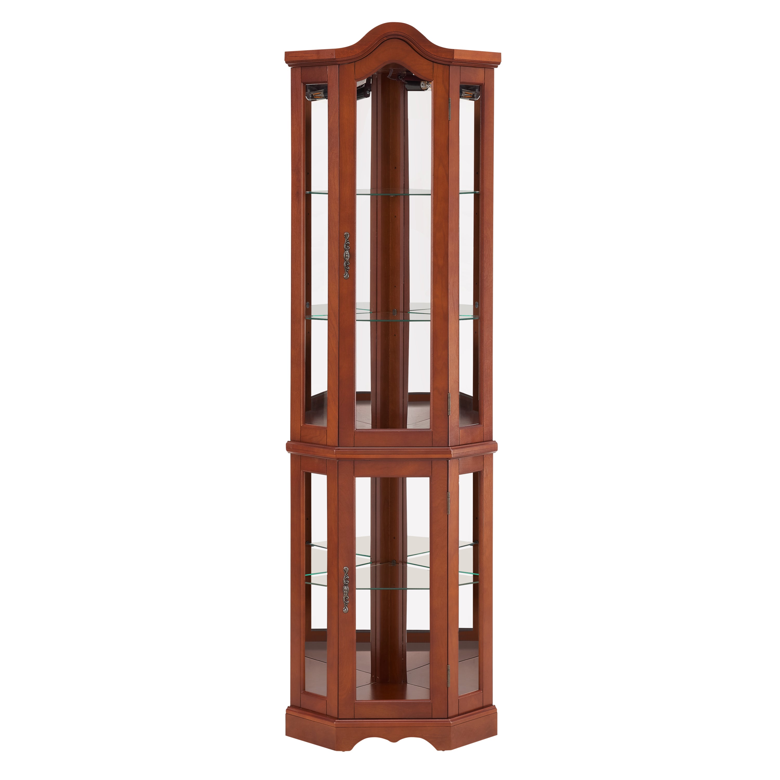 Lighted Corner Curio Cabinet, Walnut, Glass Doors & Mirrored Back