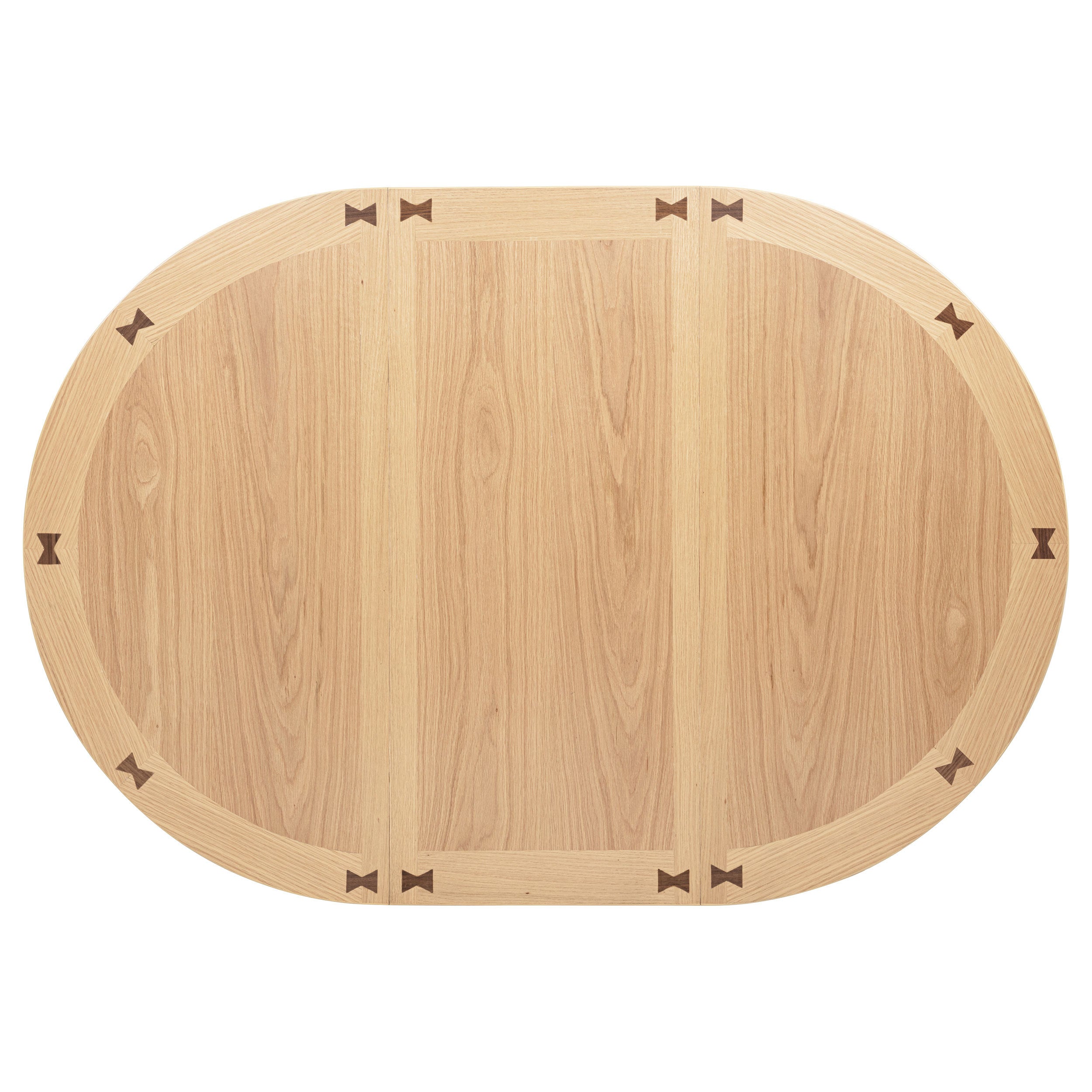Overhead view of the oval light oak tabletop with butterfly-key inlays