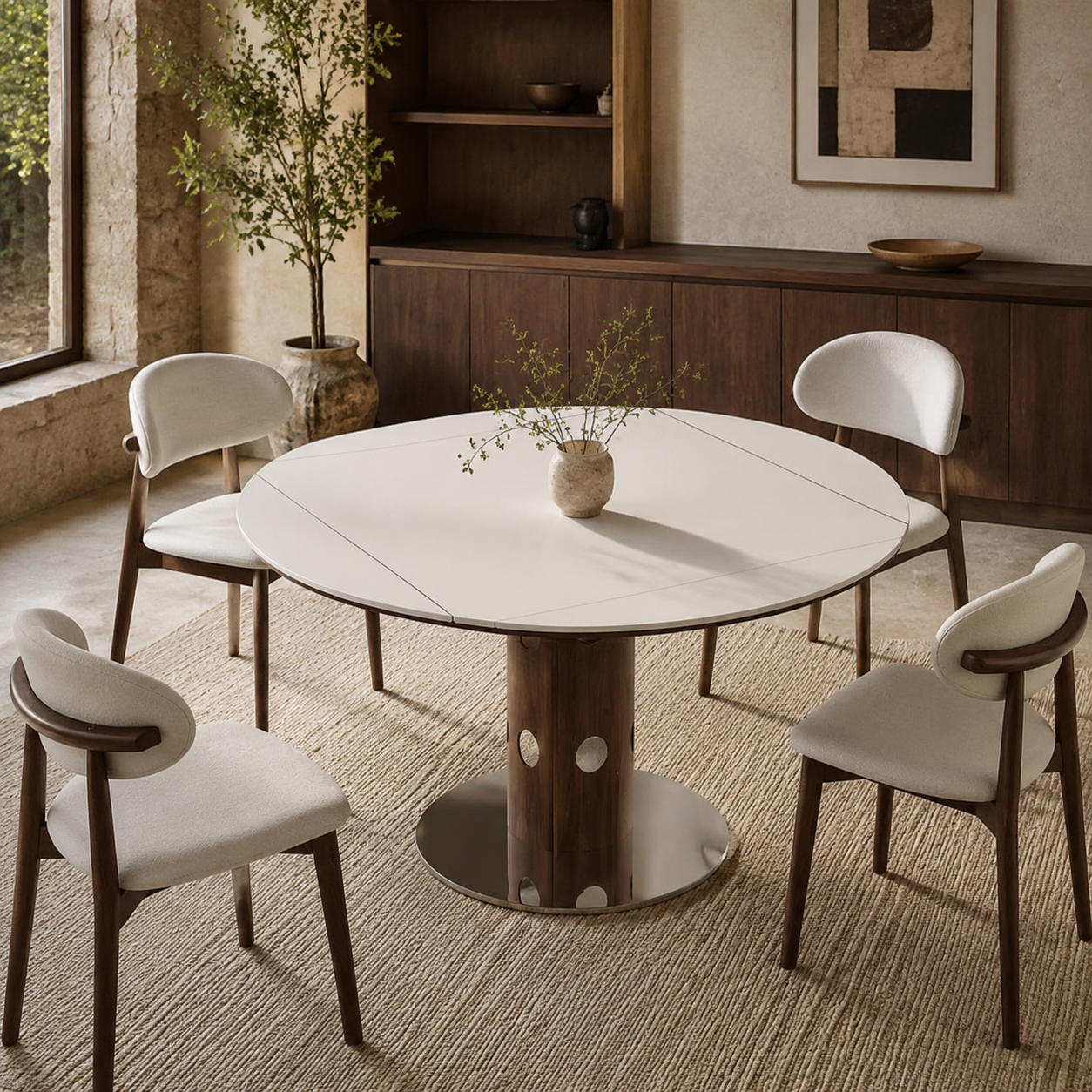 Sintered Stone Folding Dining Table, White Round - Walnut Column