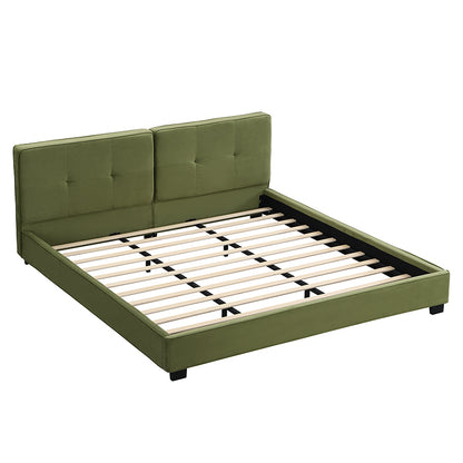 Close-up of wood slats and mute sticker hardware on bed frame rail