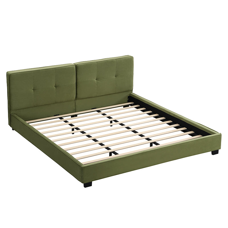 Close-up of wood slats and mute sticker hardware on bed frame rail