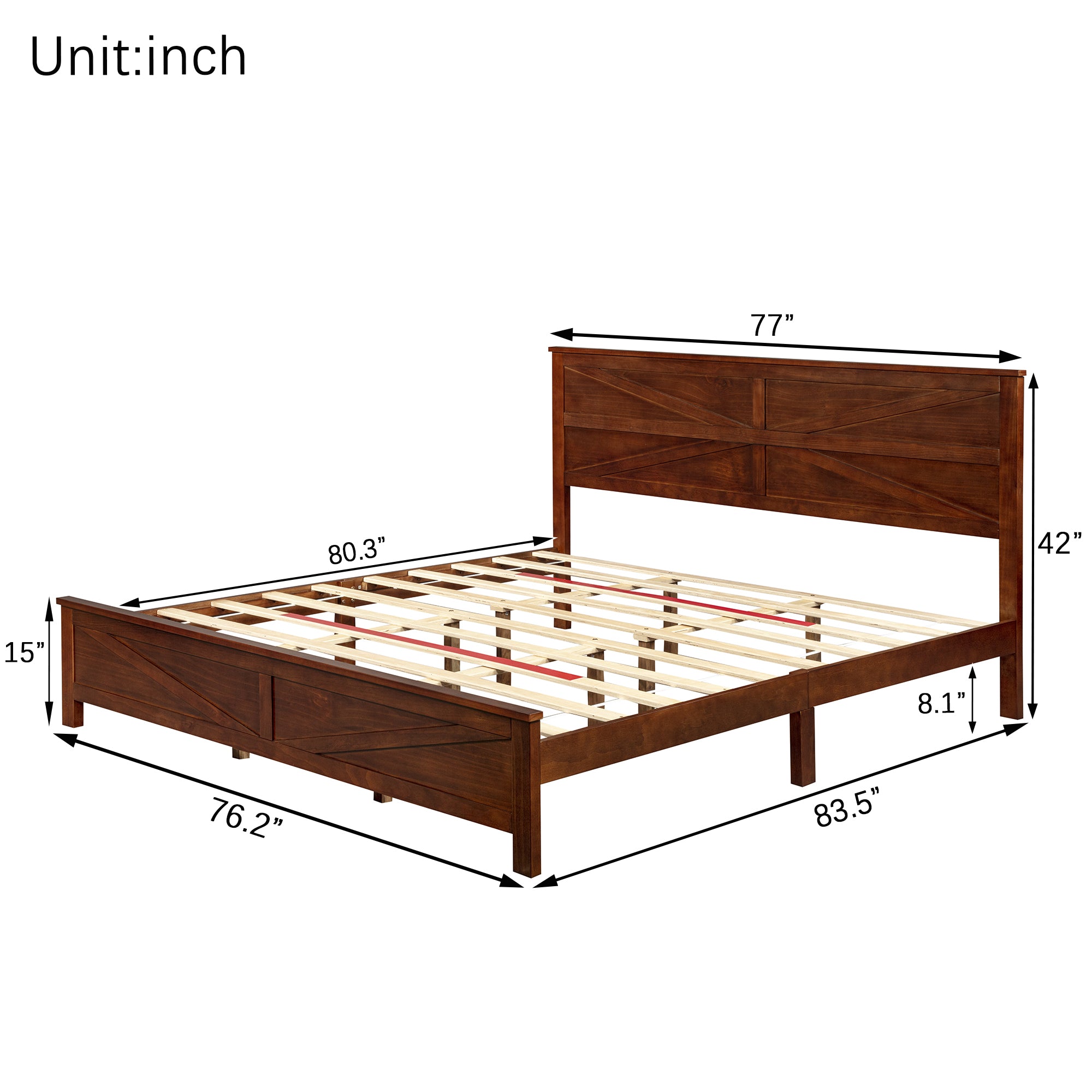 Product dimension diagram of farmhouse king bed frame, 77 x 80.3 inches
