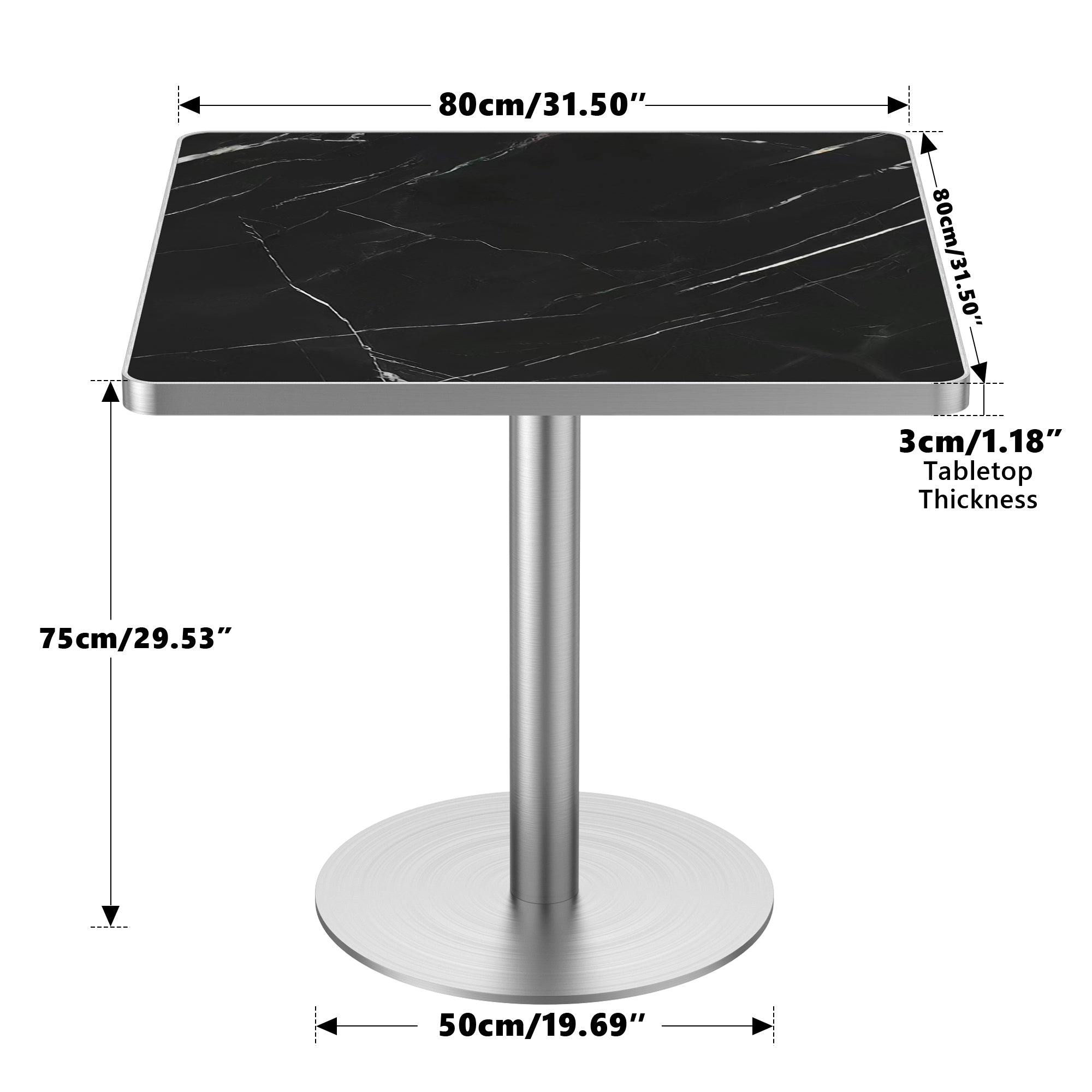 Dimension diagram of square dining table, 80cm/31.5 inch top, 75cm/29.53 inch height, silver base