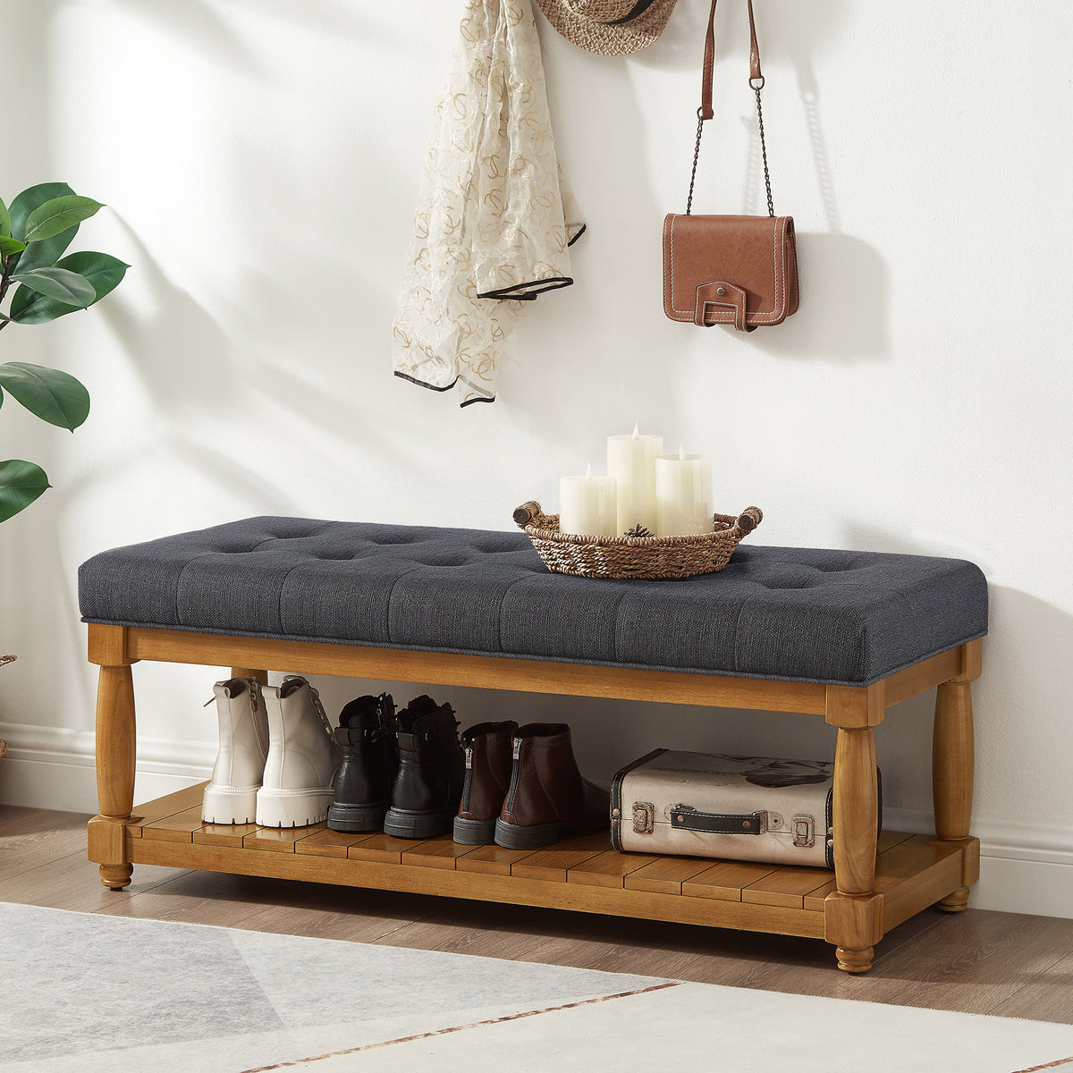 Charcoal Linen Entryway Bench, 44.3 in Wide