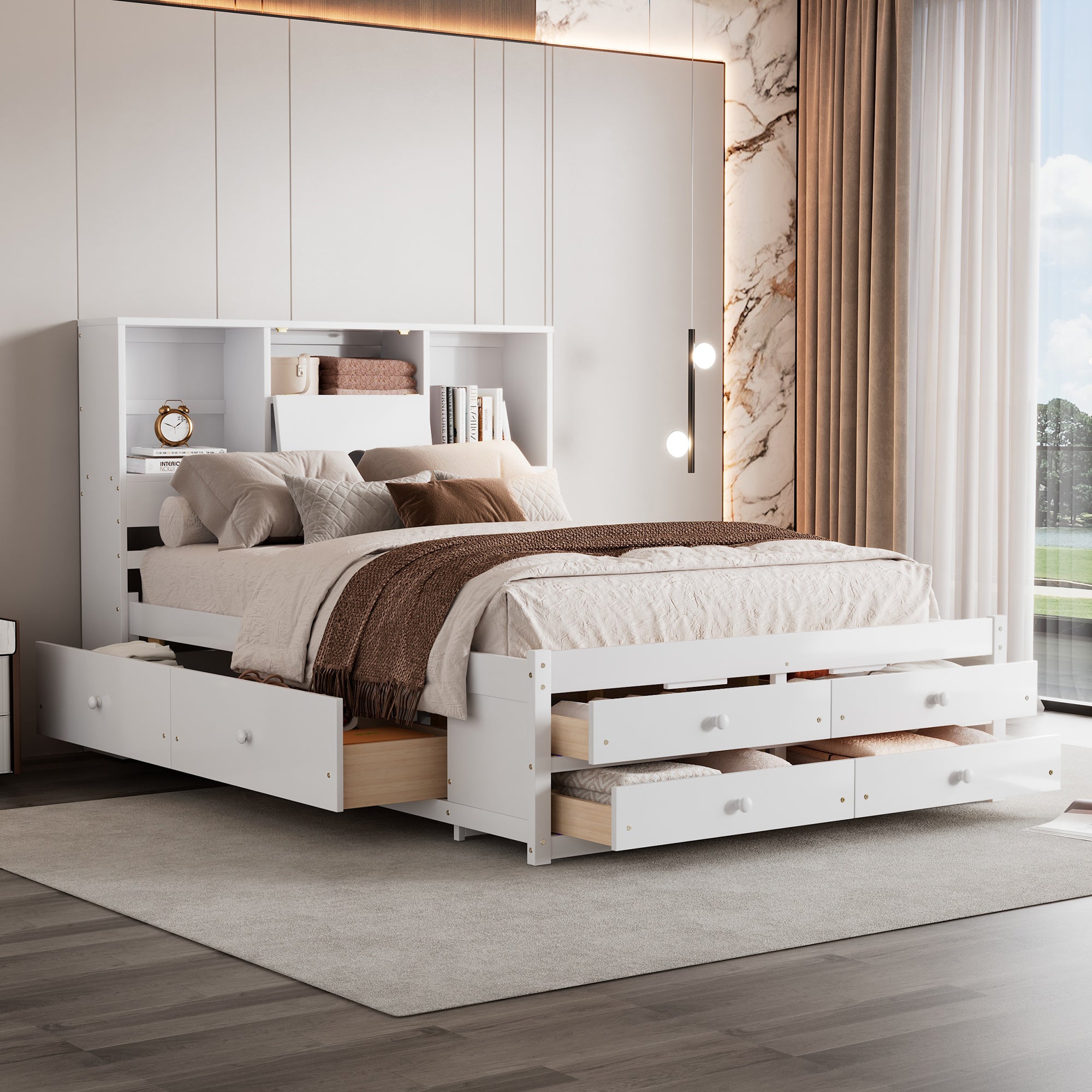 White queen size bed frame with storage in a modern bedroom, bookcase headboard and footboard drawers open