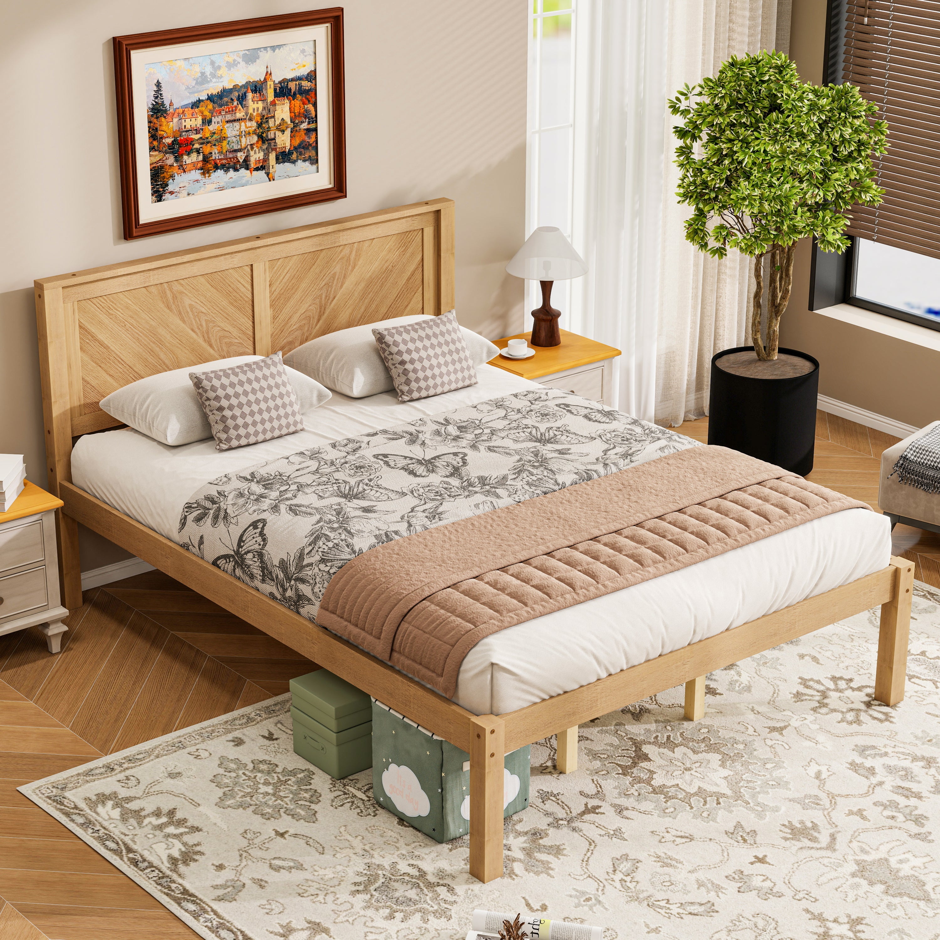 Angled view of the natural oak queen platform bed with chevron panel headboard beside a nightstand and plant