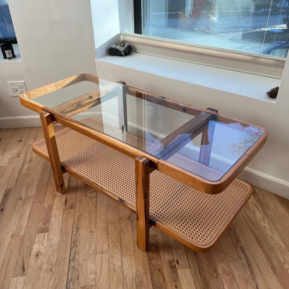 acacia solid wood coffee table with tempered glass and rattan