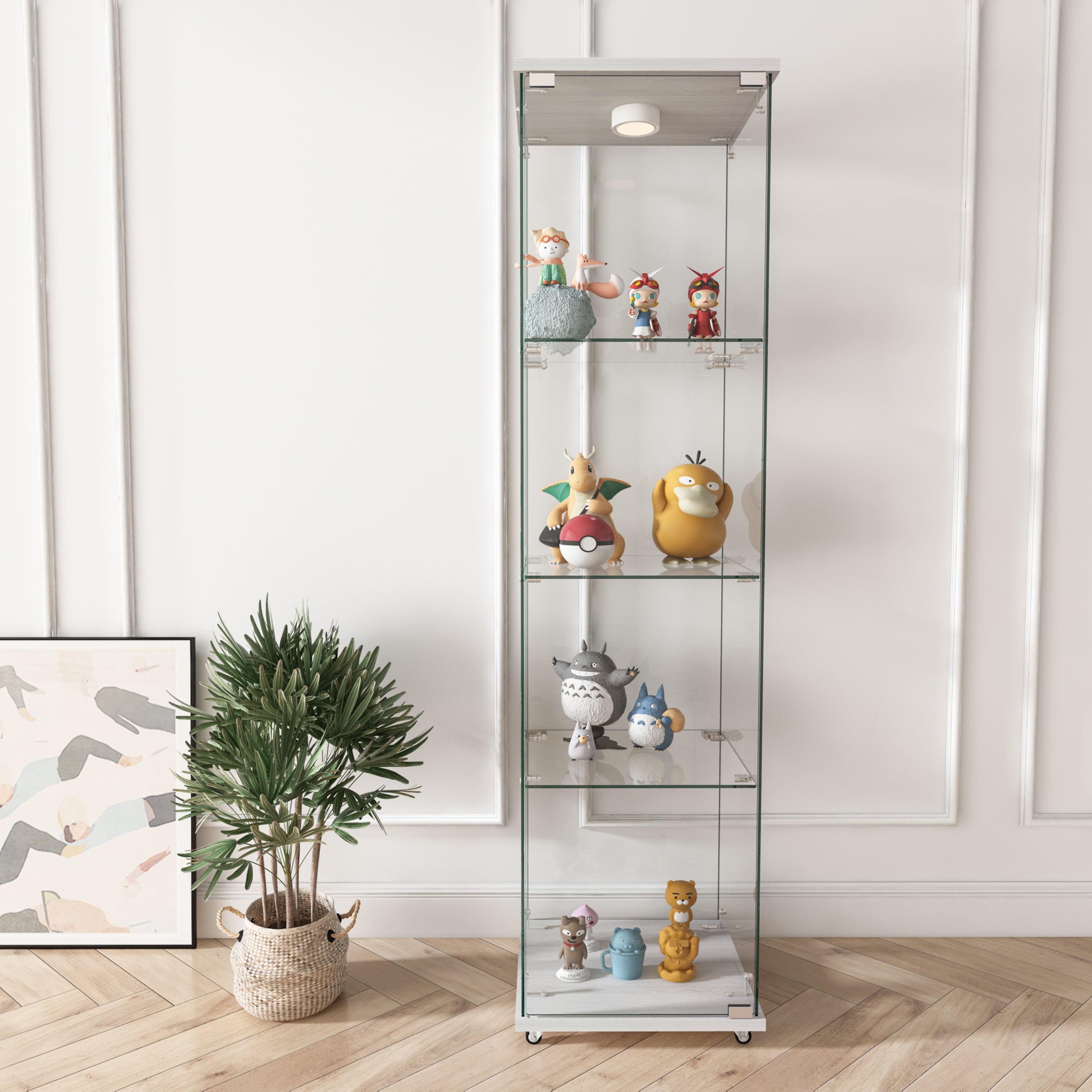 Modern Bookcase with Doors and LED Lighting, 16.7 in, 64.45 in Tall