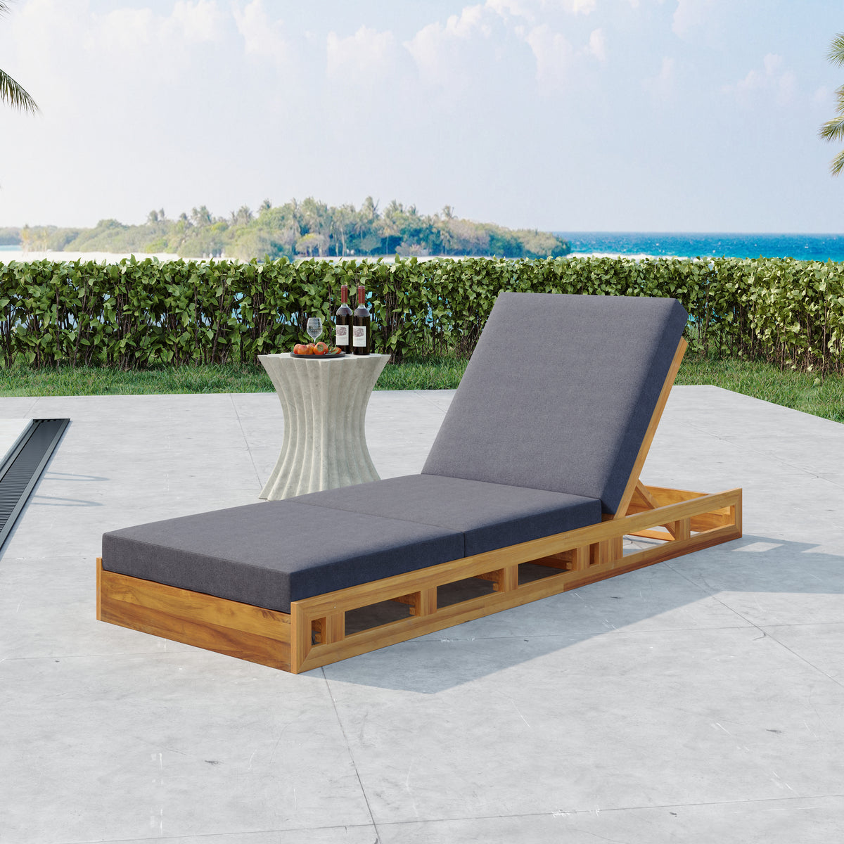 Teak Finish Solid Wood Outdoor Chaise Lounge with Cushions