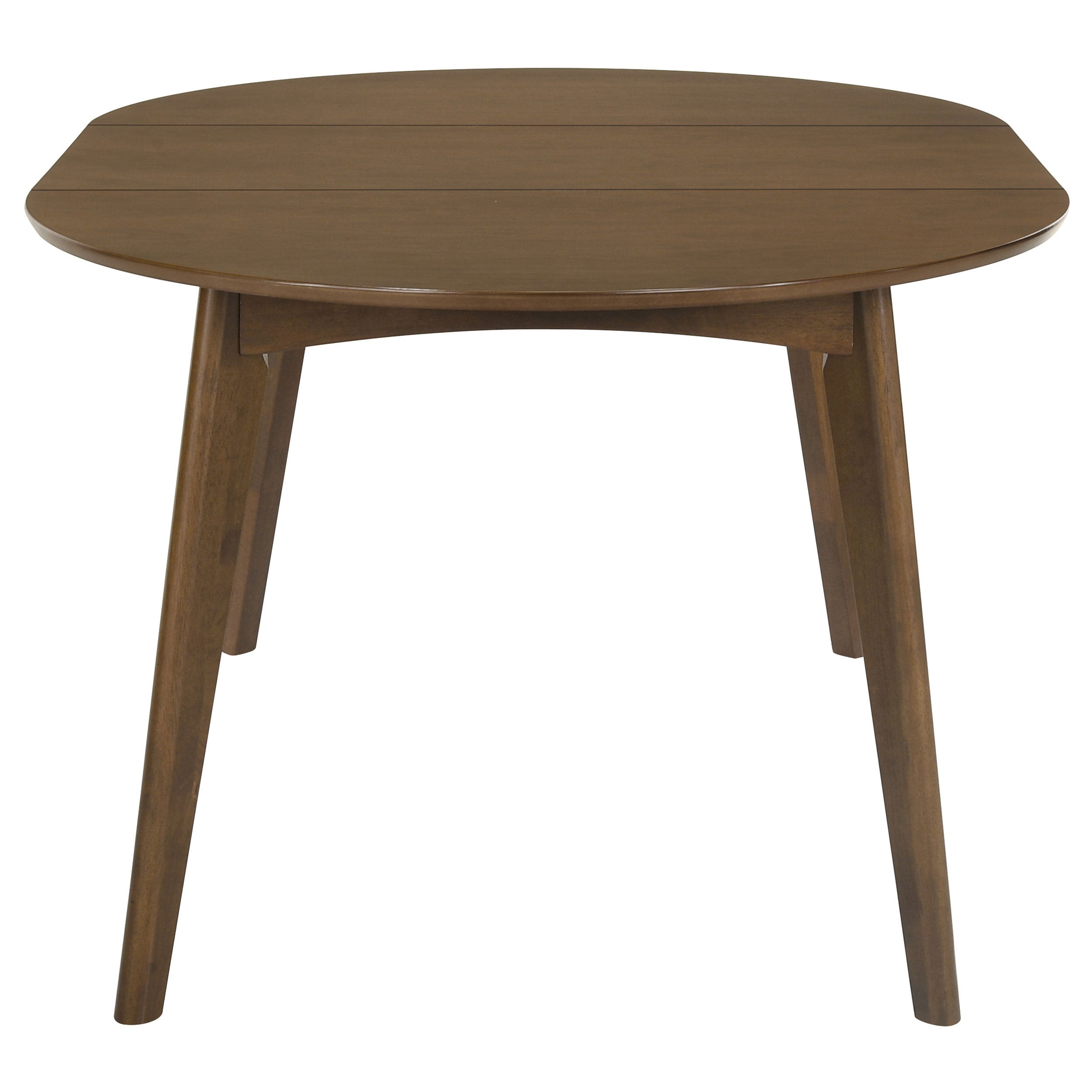 Walnut oval dining table, end view on white studio background