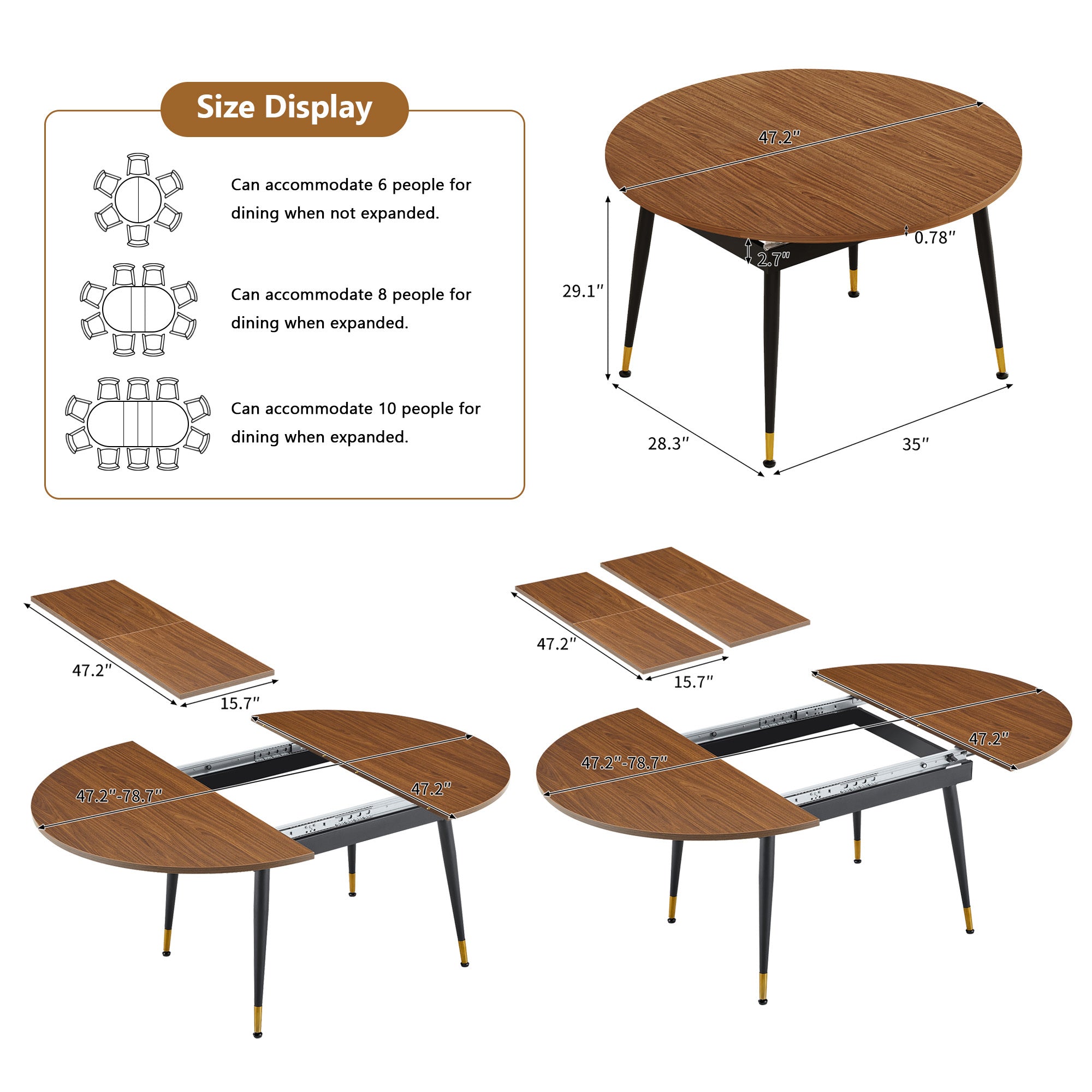 Size diagram showing the table seating 6, 8 or 10 with leaf measurements