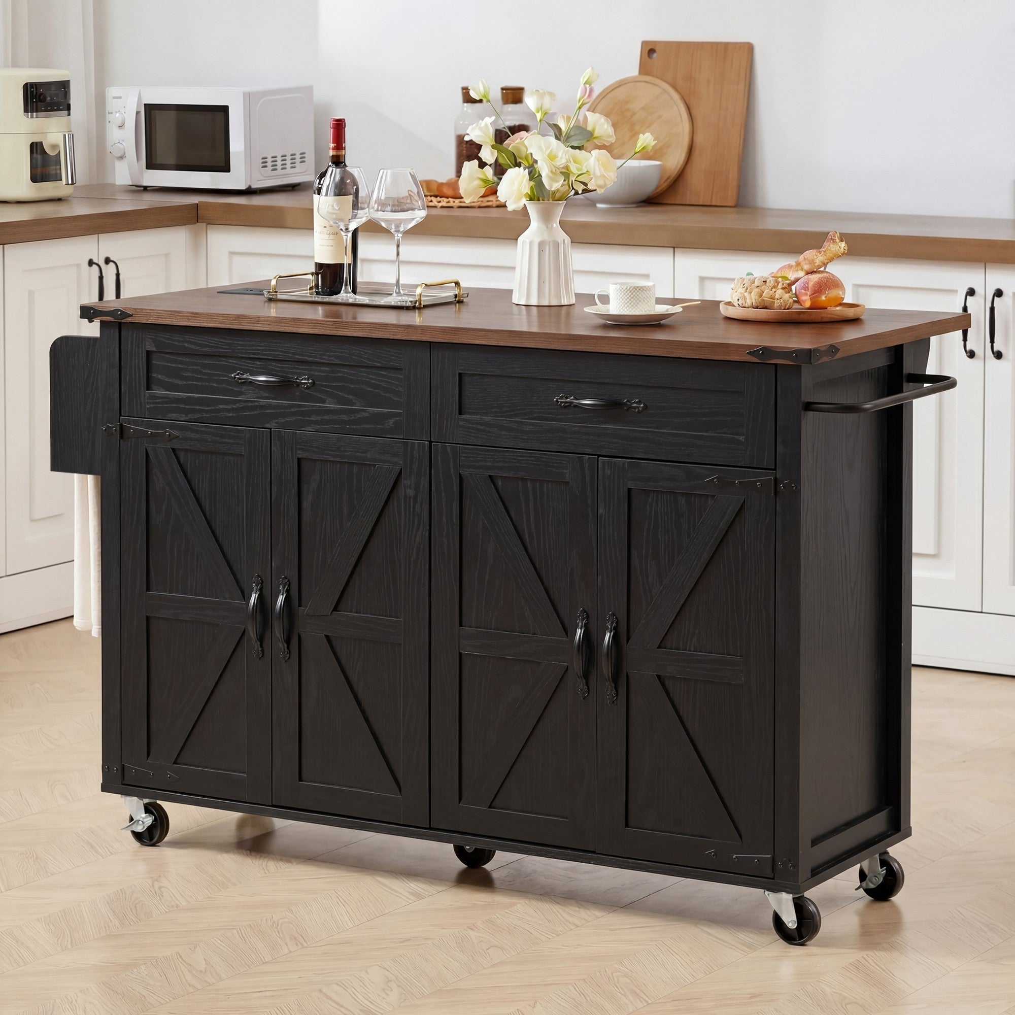 Farmhouse Black Kitchen Island with Drop Leaf & 4 Doors