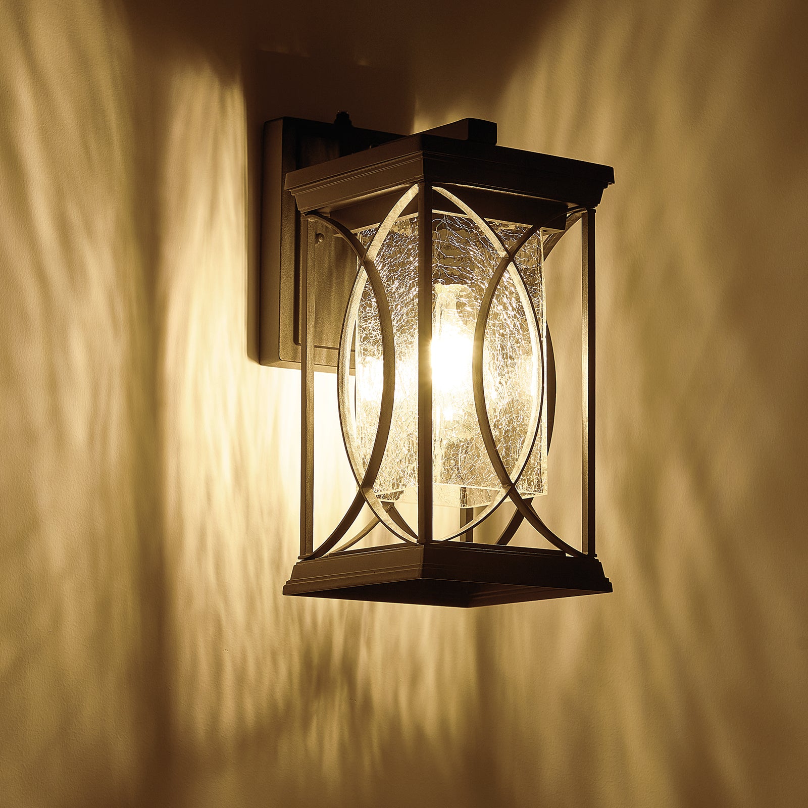 Outdoor Wall Lantern, Crackle Glass Shade, Dusk-to-Dawn, Black