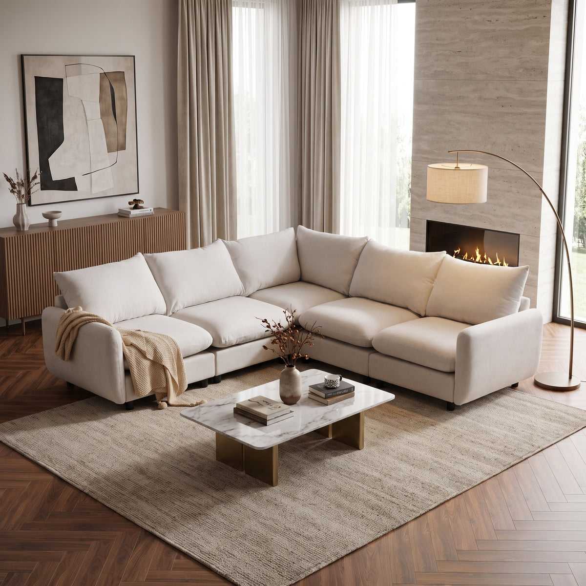 White L-Shaped Modular Sectional Couch, 99.5 in Wide, 5-Seat