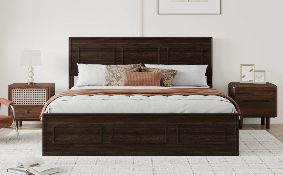Front view of rich brown queen panel bed headboard with white and rust bedding #Color_Rich Brown