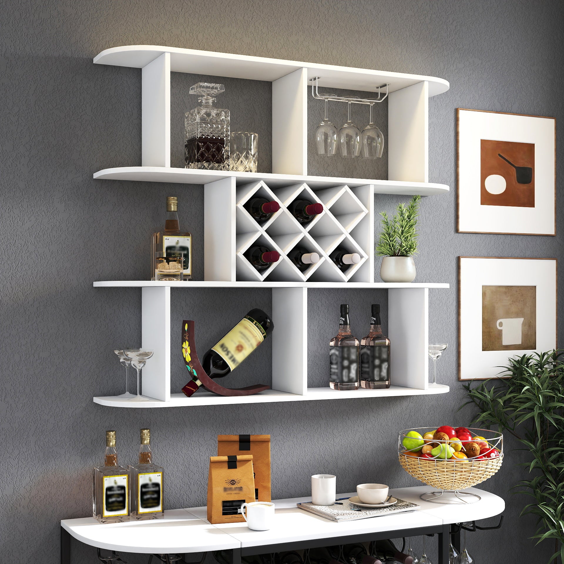 Wall-Mounted Wine Rack, 3-Tier White Display Shelf with Glass Holder