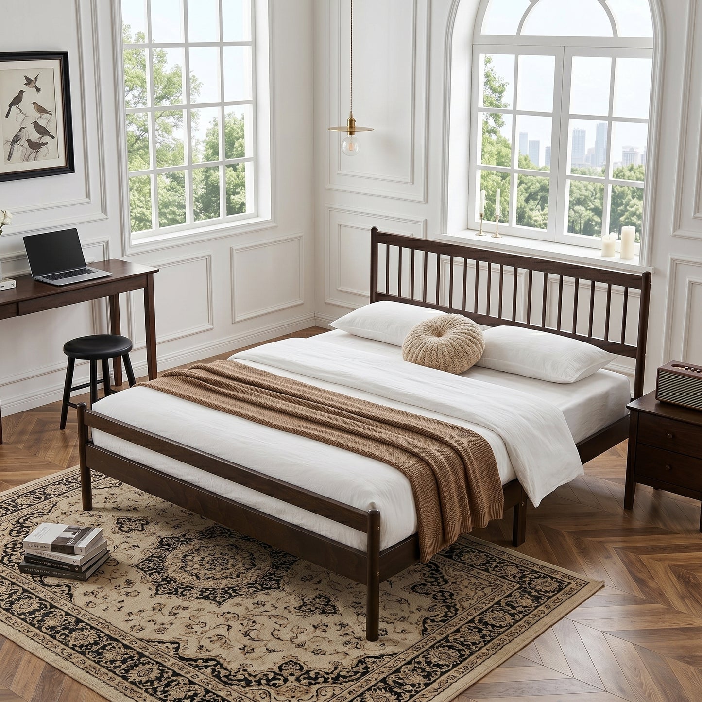 Brown pine king bed corner, desk and nightstand in background