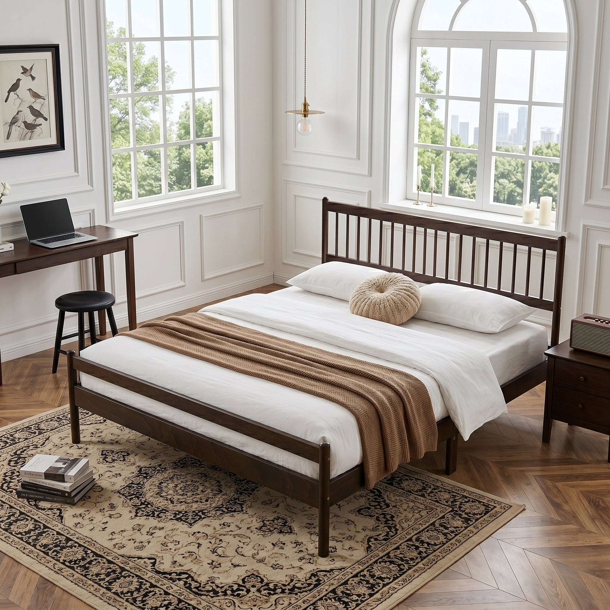Brown pine king bed corner, desk and nightstand in background