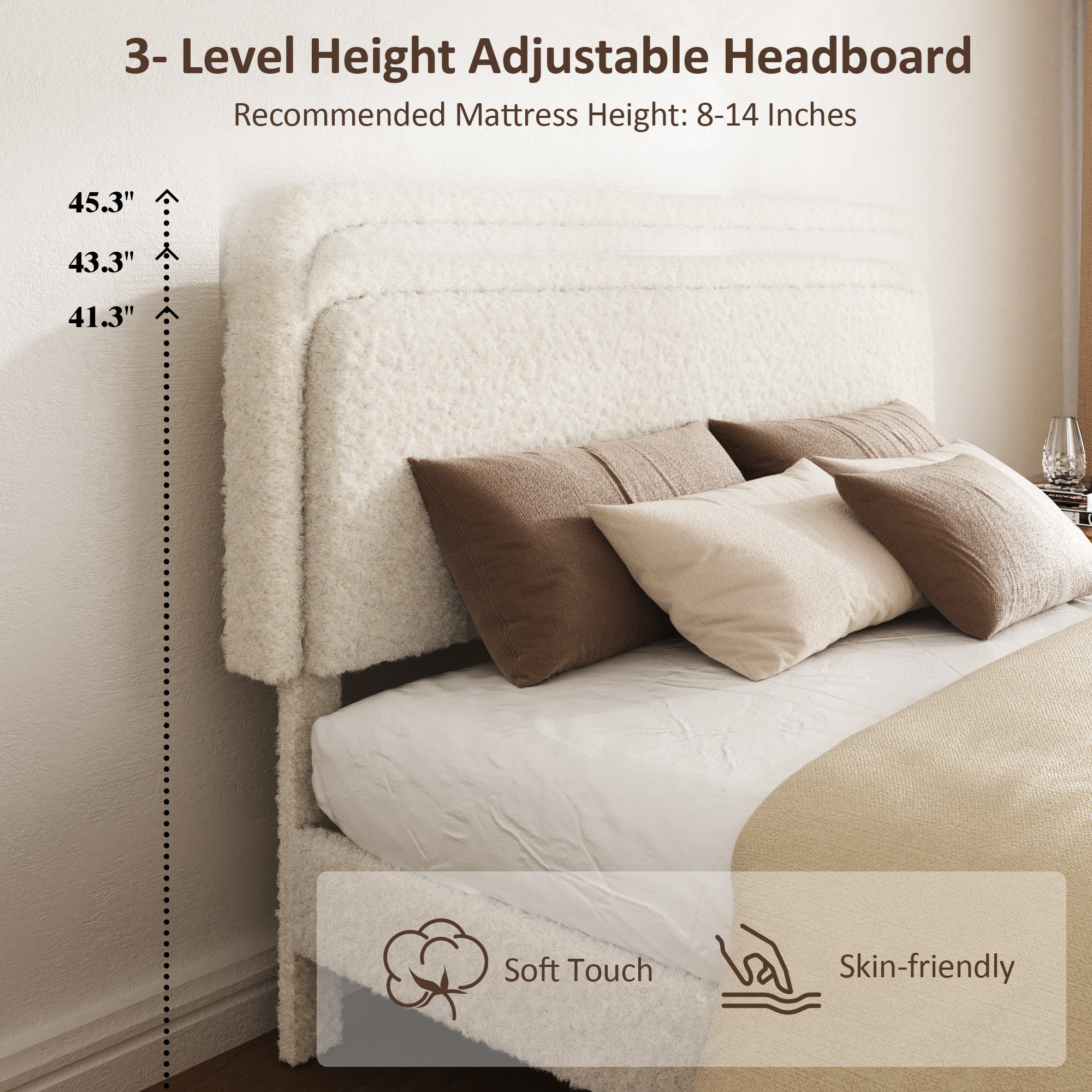 The beige headboard shown at three adjustable heights with soft-touch and skin-friendly labels