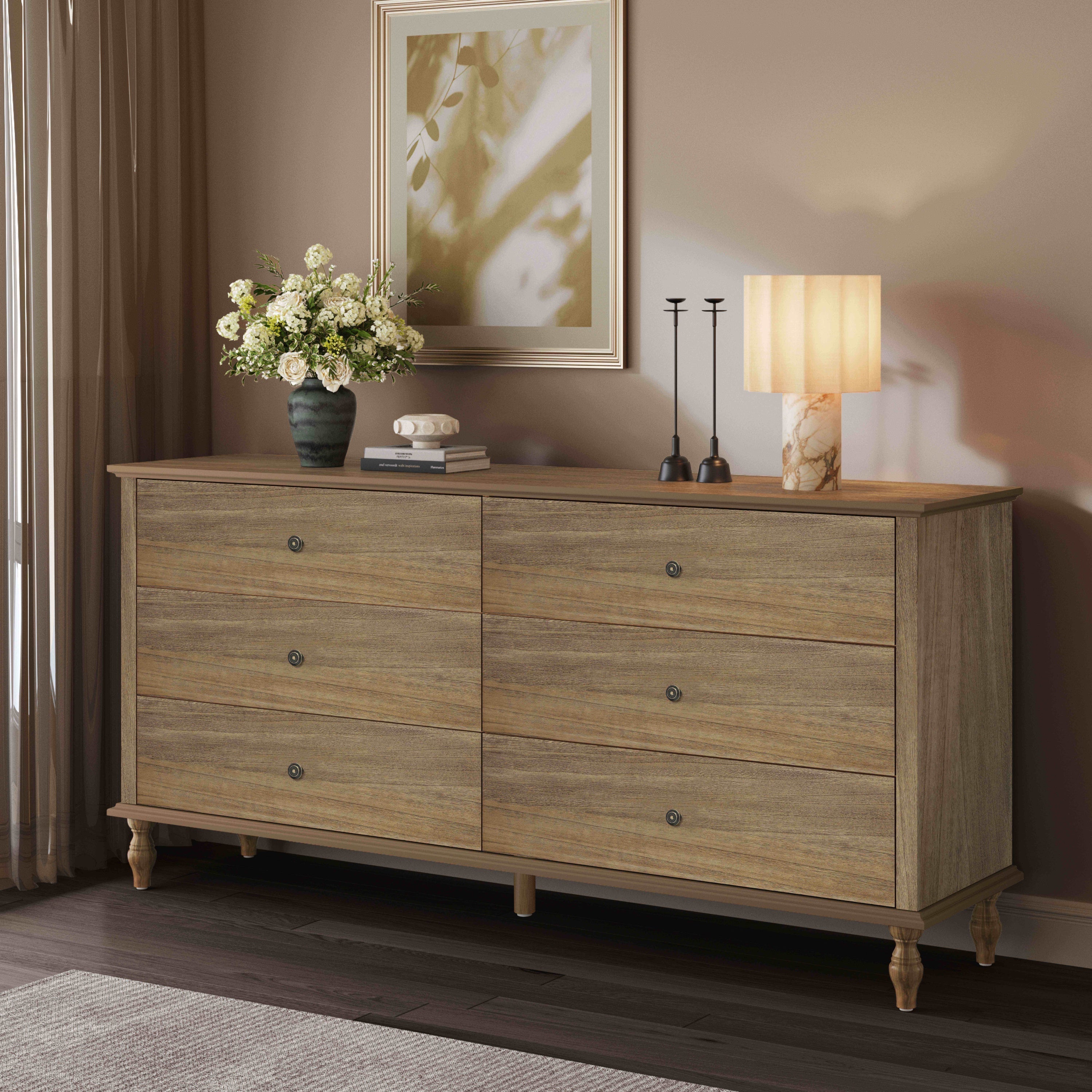 Double Wide 6-Drawer Dresser in Light Brown