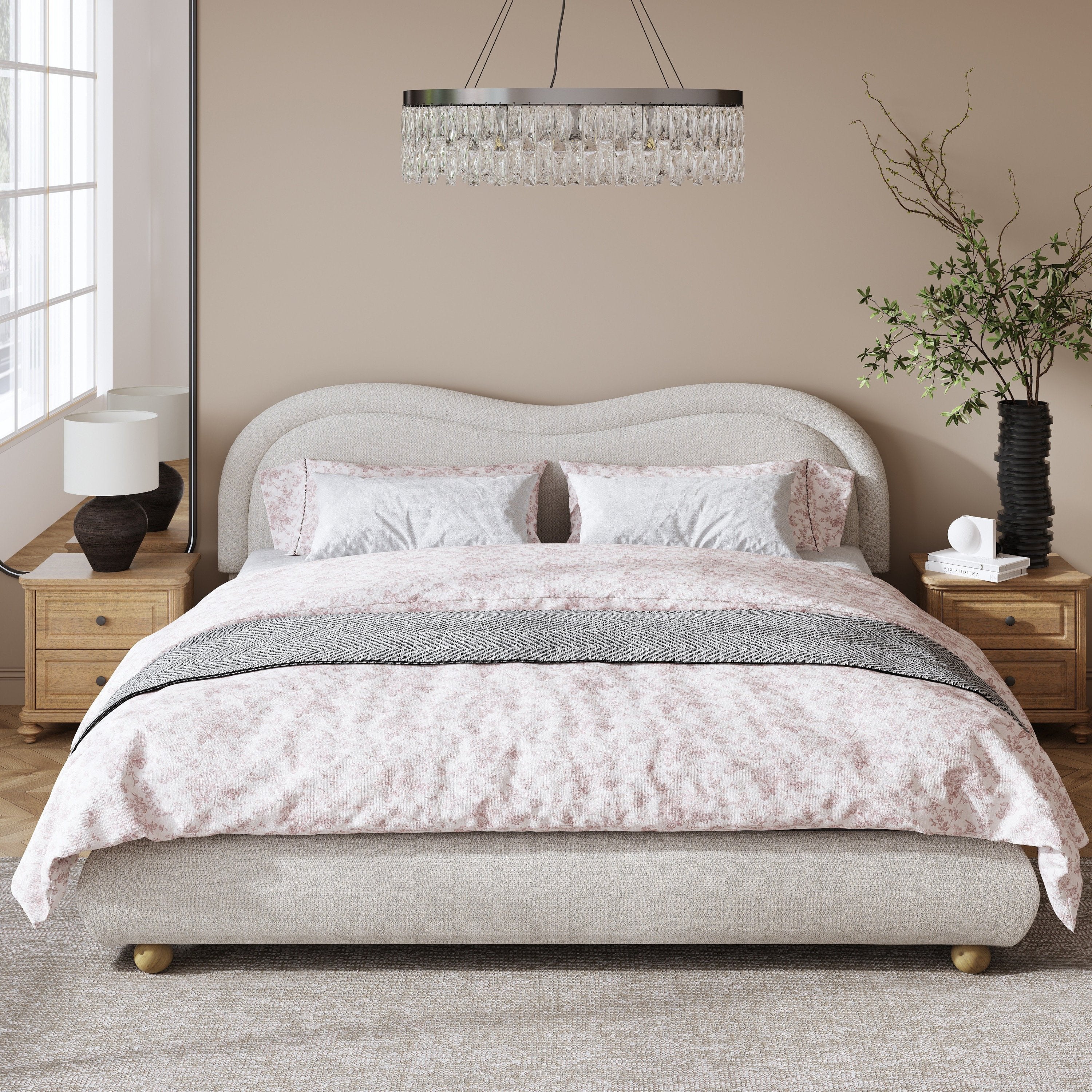 Beige chenille king bed frame front view with pink and gray bedding