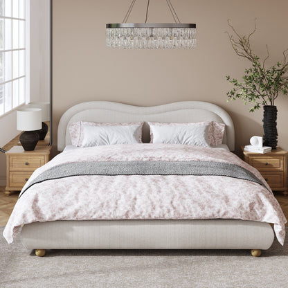 Beige chenille king bed frame front view with pink and gray bedding